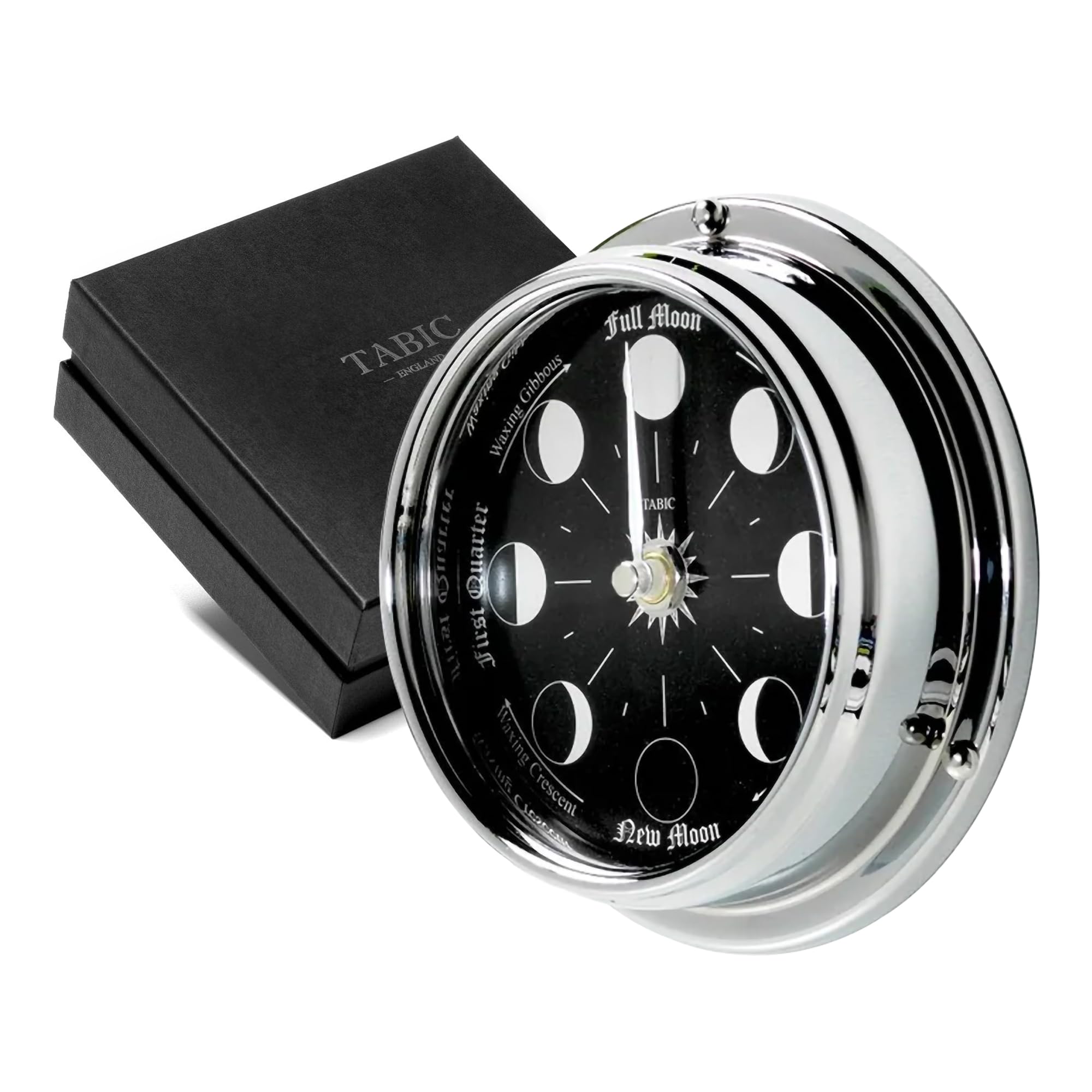 Handmade Chrome Moon Phase Wall Clock - Elegant Full Moon Design with Jet Black Dial, Mirror Backdrop & Chrome Hands - Perfect for Home, Office Decor & Unique Gifts