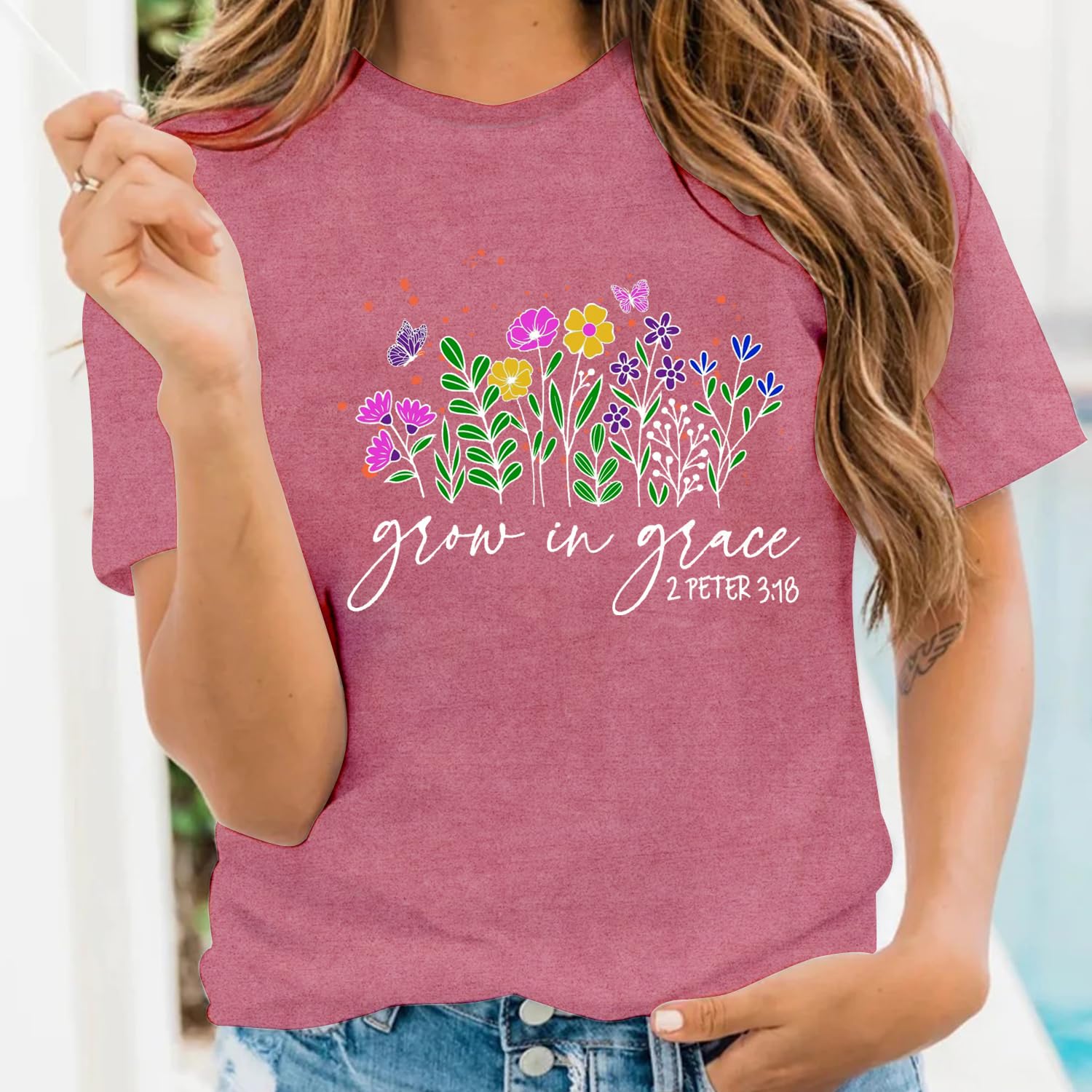 LBP Women's Christian Wildflowers T-Shirt - Grow in Grace Bible Verse Faith-Based Tee - Perfect for Church, Bible Study & Christian Events