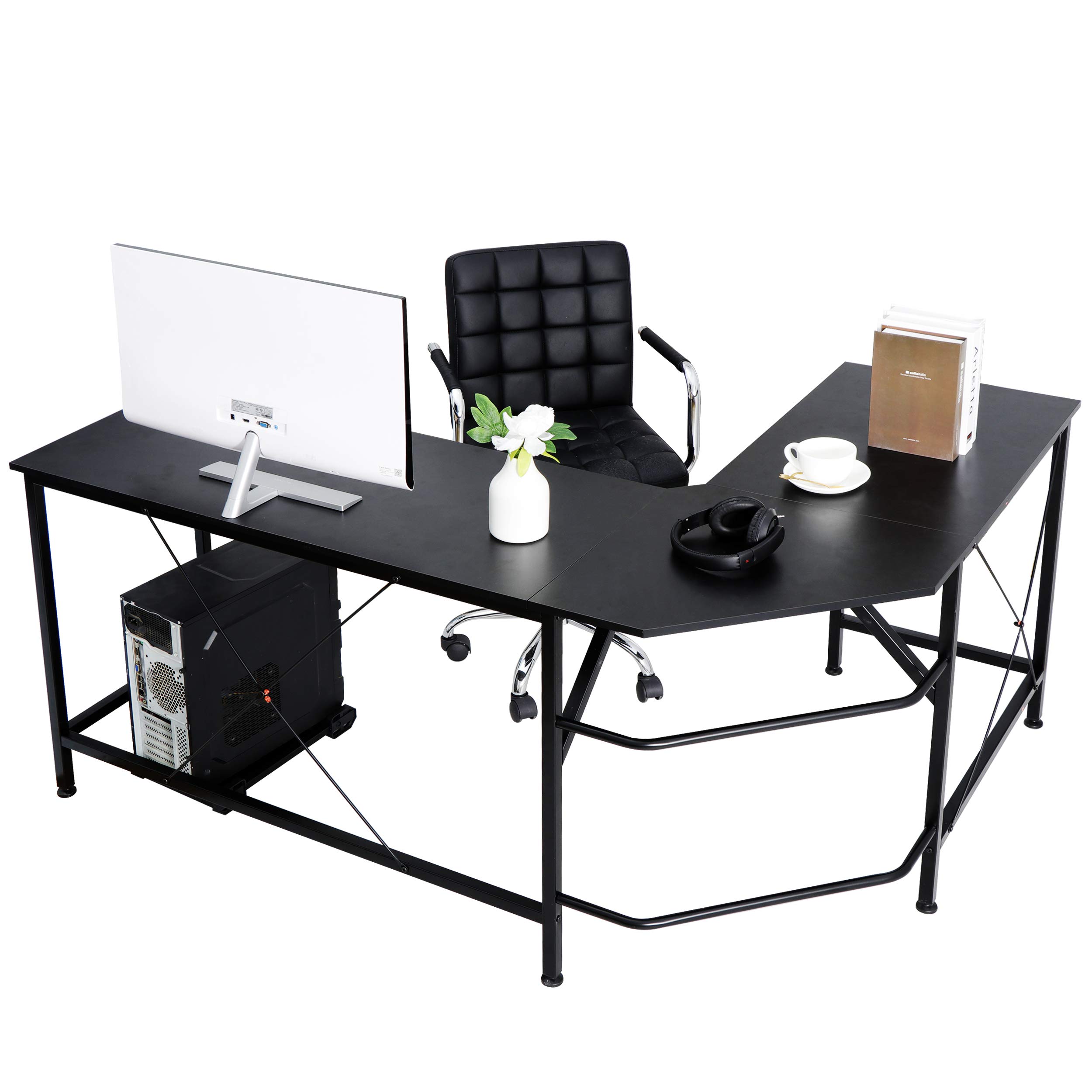 HomGarden L-Shaped Computer Desk - Modern Corner Workstation for PC & Laptop, Sturdy Wood Desktop with Metal Frame (Black) - Perfect for Home Office, Gaming & Study Spaces