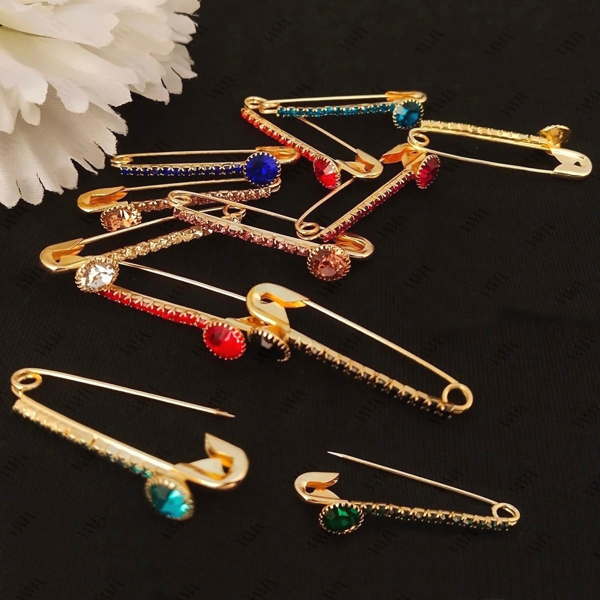 VAMA FASHIONS Golden Crystal Stone Brooch Pins for Saree, Dress, Shawl & Gown - Elegant Bridal Safety Pins for Women & Girls - Perfect for Weddings, Parties & Special Occasions