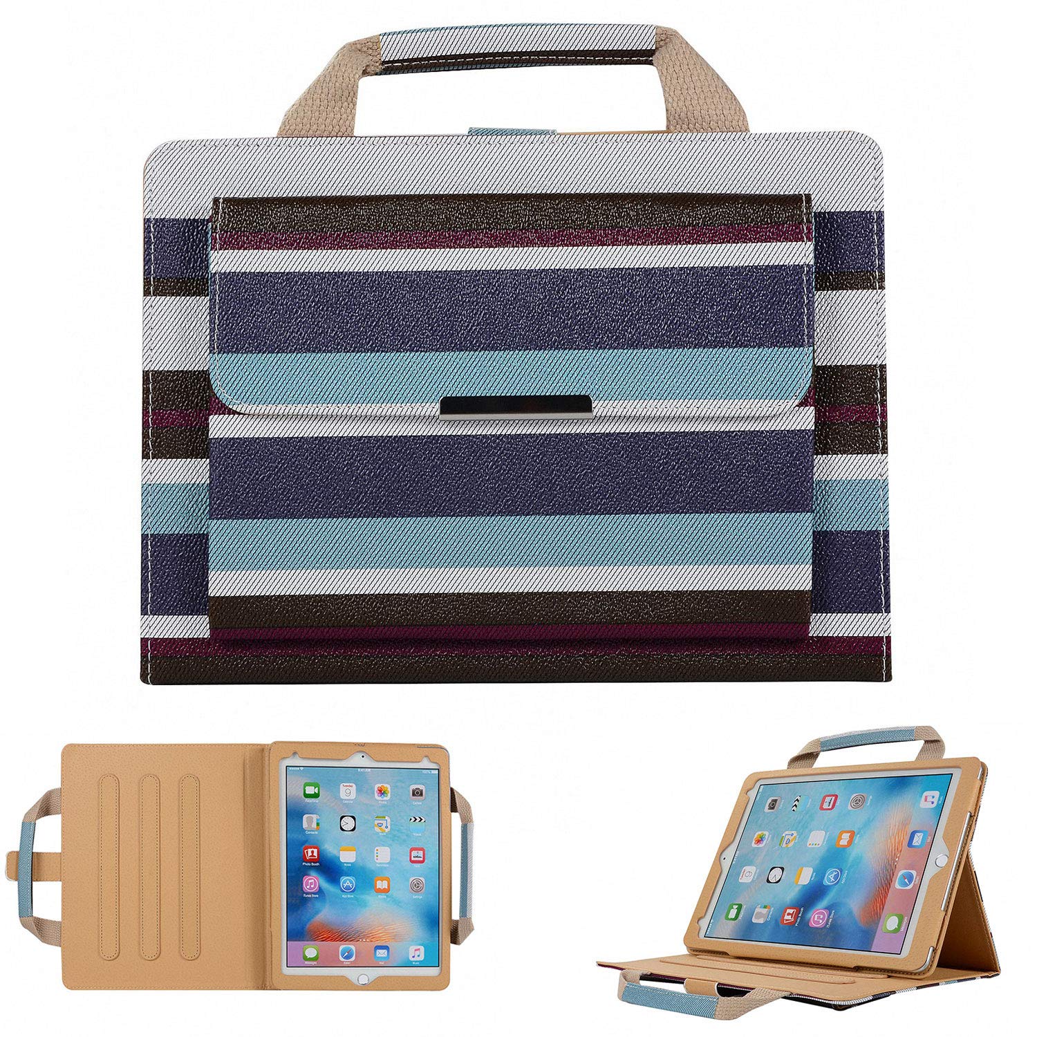 Universal iPad 9.7 Inch Case with Hand Strap - Slim Stripe Protective Cover with Auto Sleep/Wake for iPad 9.7 (2017/2018), iPad Air 2/1, iPad Pro 9.7 - Multi-Angle Stand, Pocket Design - Perfect for Kids, Women, Students & Professionals (Blue)