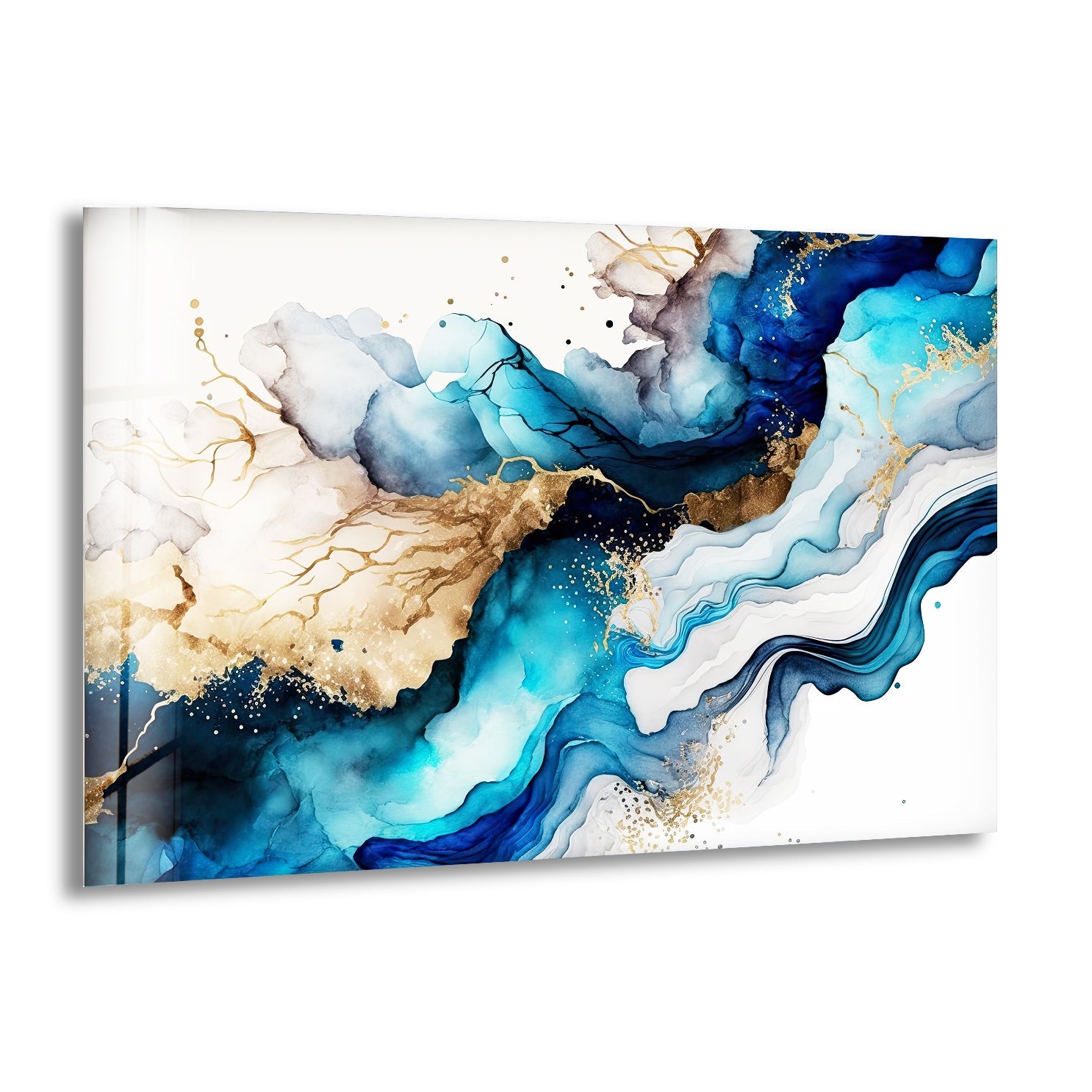 Blue and Gold Fluid Abstract Glass Wall Art - Modern Handmade Home Decor for Living Room, Bedroom, Office | Unique Gift Idea for Housewarming, Wedding