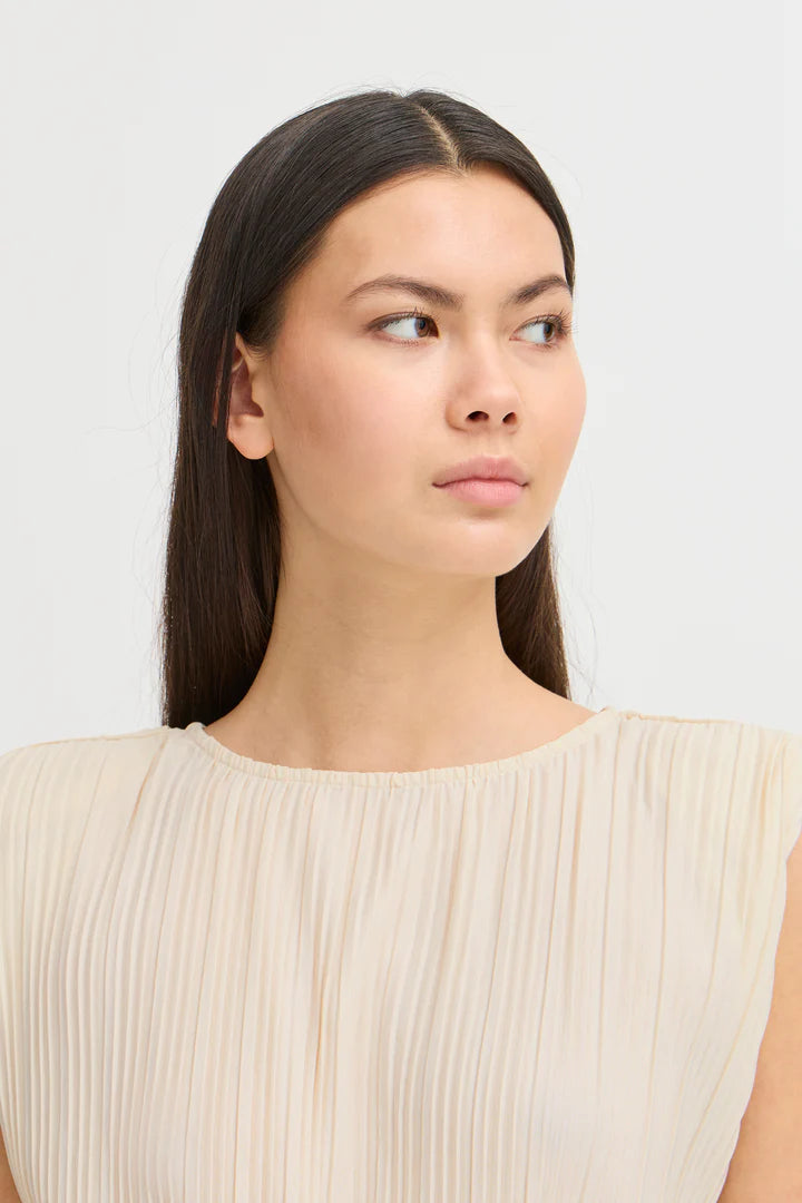 Ana Plisse Sleeveless Top for Women - Soft Almond Milk Color Summer Blouse - Perfect for Casual Outings, Beach Vacations & Date Nights
