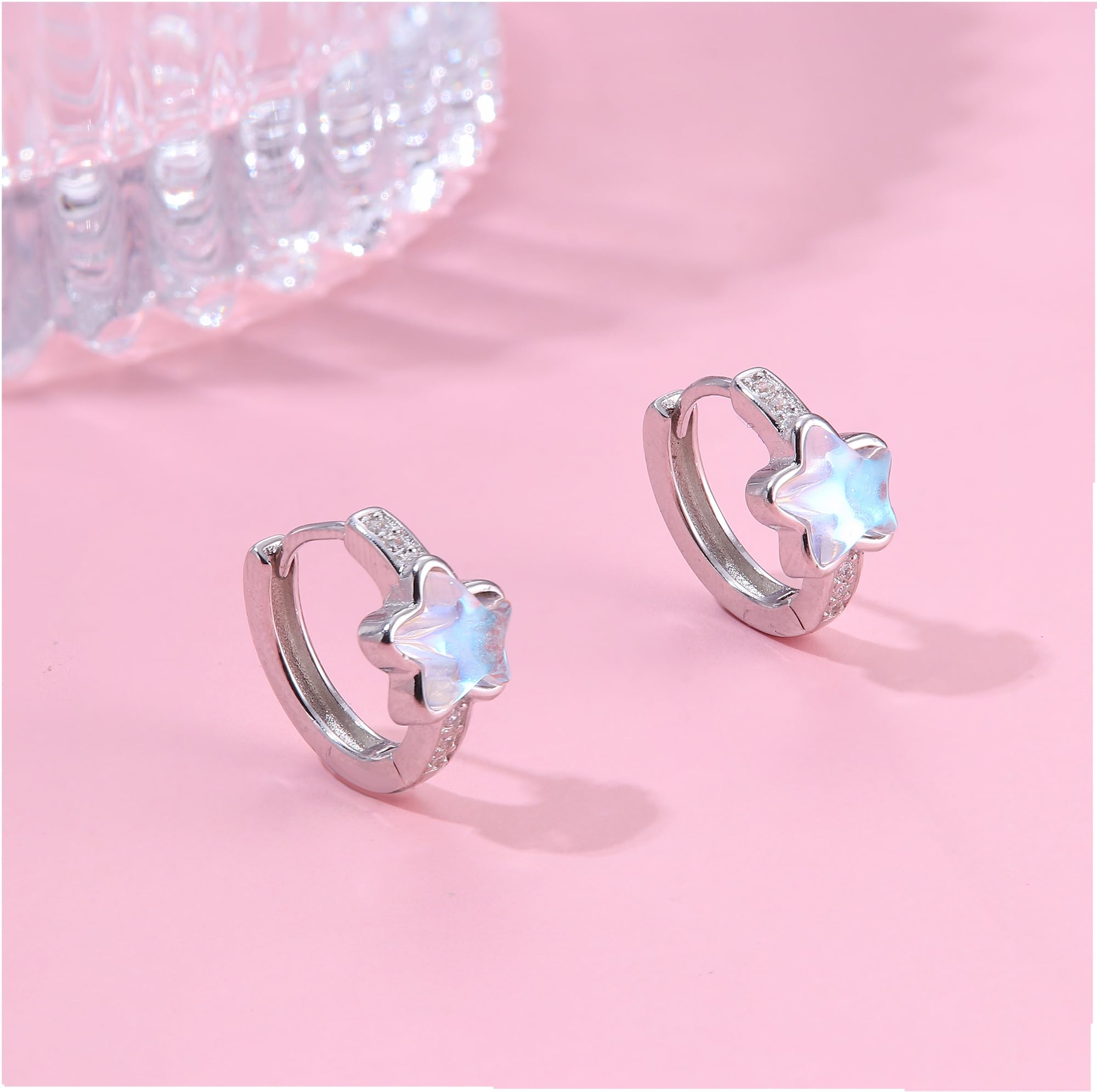 KRFY 925 Sterling Silver Hoop Earrings for Women & Girls - Pink Heart, Star, Moonstone & Cubic Zirconia Tiny Huggie Sleepers | Hypoallergenic Small Hoops for Everyday Wear, Gifts & Special Occasions