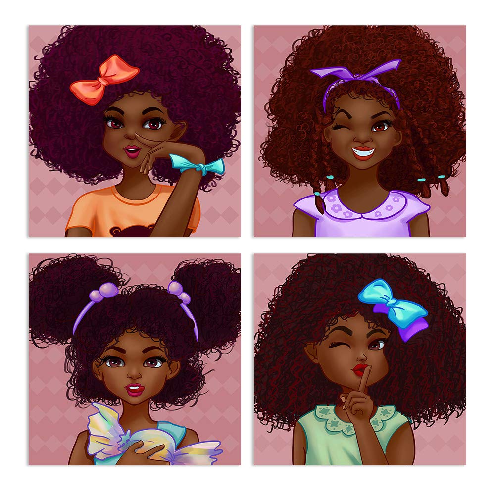 AMEMNY 4-Panel African American Girl Abstract Wall Art Painting - Modern Graffiti Style Canvas Prints for Living Room, Bedroom & Bathroom Decor - Stretched & Framed Ready to Hang (13