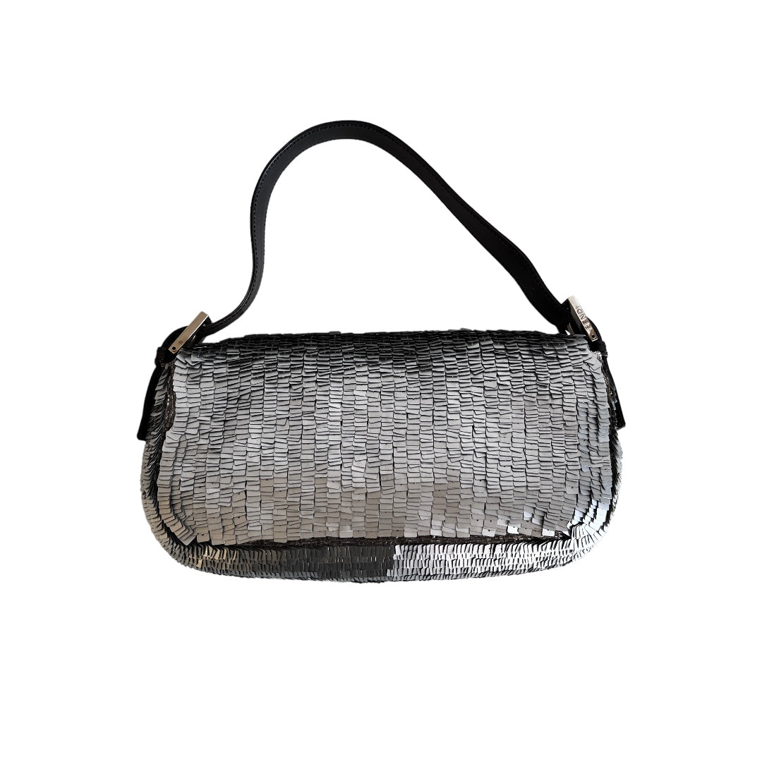 Vintage Fendi Silver Sequin Baguette Bag - Luxury Designer Shoulder Purse for Women, Perfect for Evening Parties, Weddings & Special Occasions
