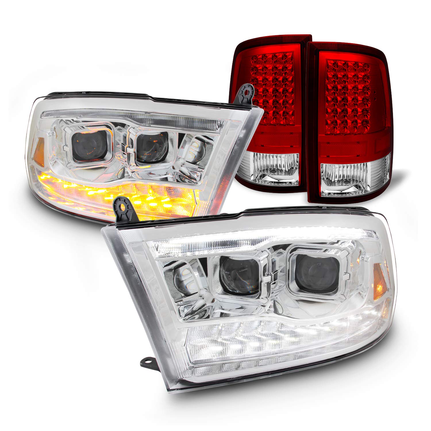 AKKON Premium LED Dual Projector Headlights + Tail Lights with Crystal Lens for Dodge Ram 2009-2018 | Enhanced Night Visibility & Style Upgrade for Off-Road & Daily Driving