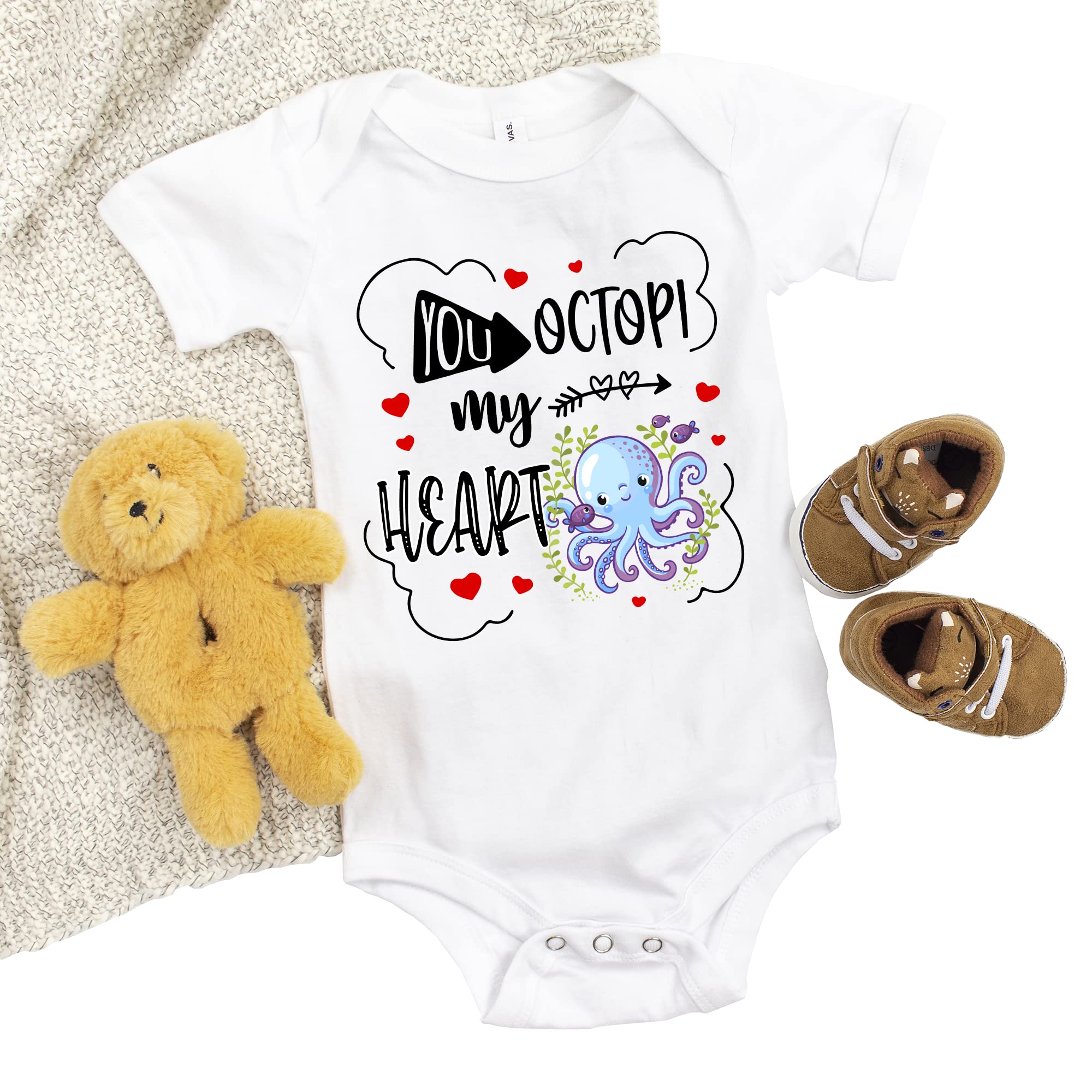 You Octopi My Heart Valentine's Day Baby Bodysuit - Cute Octopus Lover Infant Clothes for Pregnancy Announcement & Newborn Outfit - Perfect for Valentine's Gifts, Baby Showers & Photo Shoots