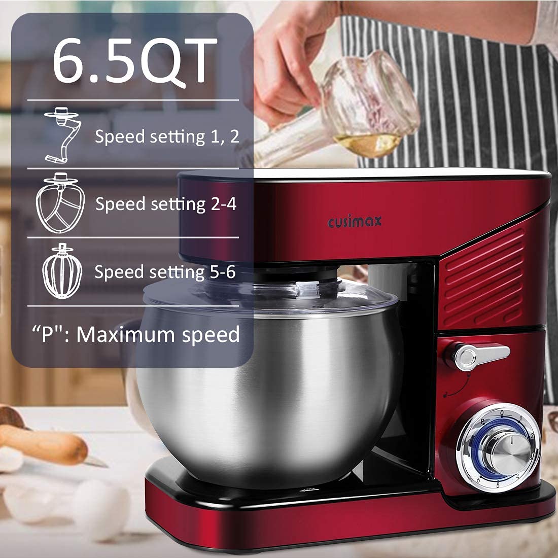 CUSIMAX 6.5QT Stand Mixer - 6-Speed Tilt-Head Electric Dough Mixer with Stainless Steel Bowl, Dough Hook, Wire Whisk & Flat Beater - Perfect for Baking Bread, Cakes, Cookies & More - Red Kitchen Mixer for Home Bakers