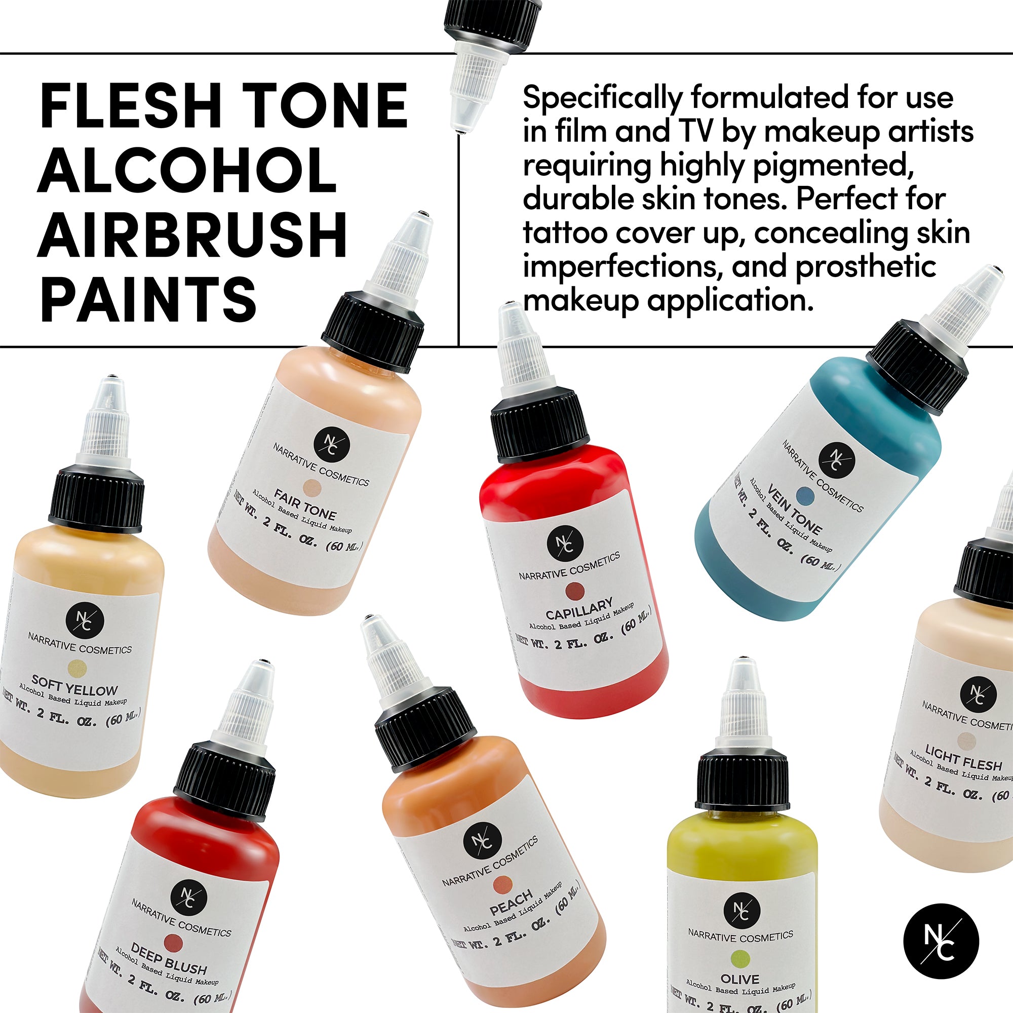 Flesh Tone Alcohol Airbrush Paints - 2 fl oz (60ml) Professional Body Art & Cosmetic Makeup for Face Painting, Tattoo Practice, Special FX - Perfect for Halloween & Cosplay