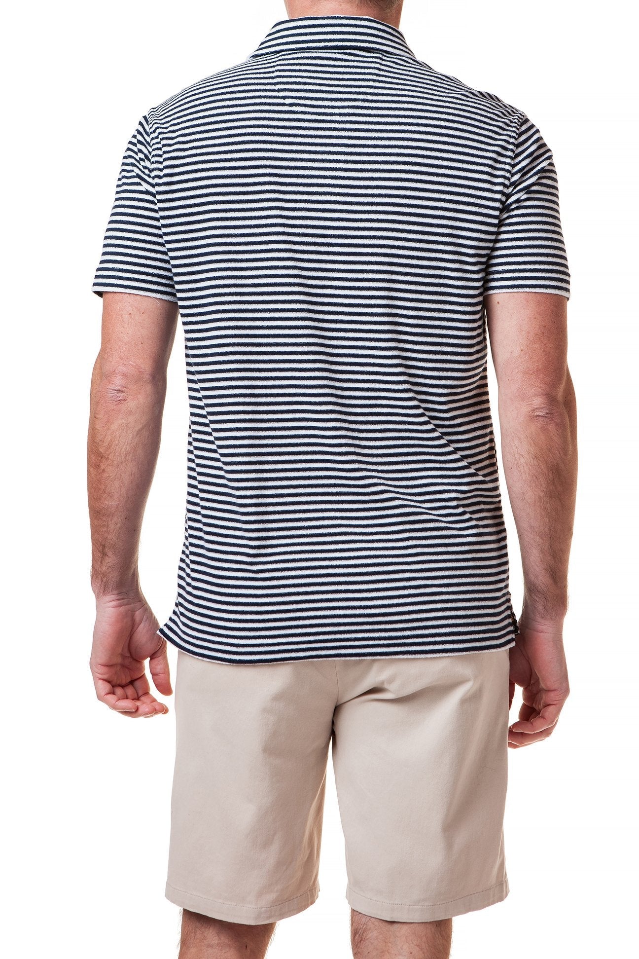 Men's Terry Cloth Polo Shirt - Navy Blue Striped Casual Button Down Shirt for Summer, Golf & Beach Wear