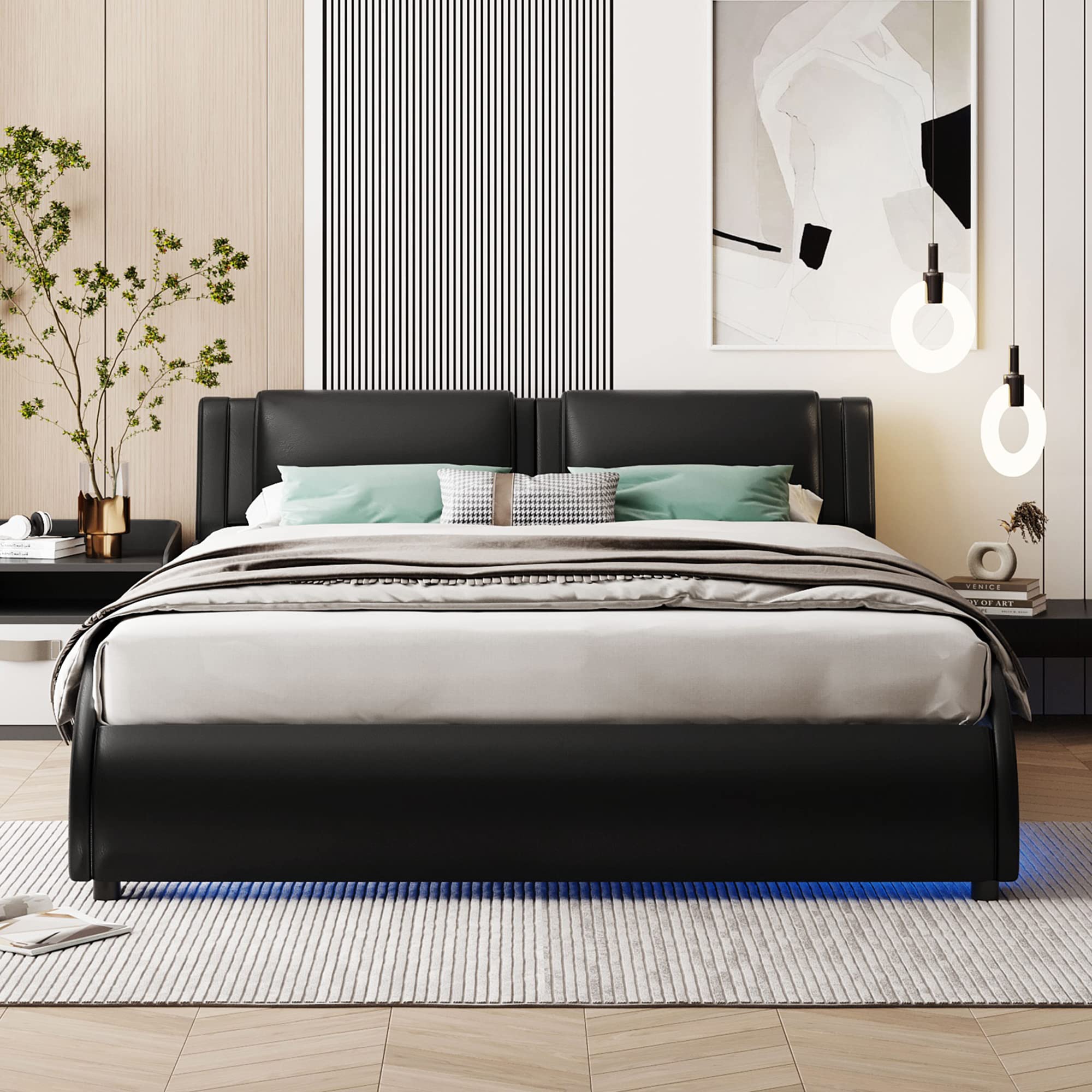 P PURLOVE Full Size Upholstered Faux Leather Platform Bed Frame with LED Lights & Slatted Support - No Box Spring Needed, Modern Bedroom Furniture for Small Spaces (Black) - Perfect for Contemporary Apartments, Dorm Rooms & Guest Bedrooms