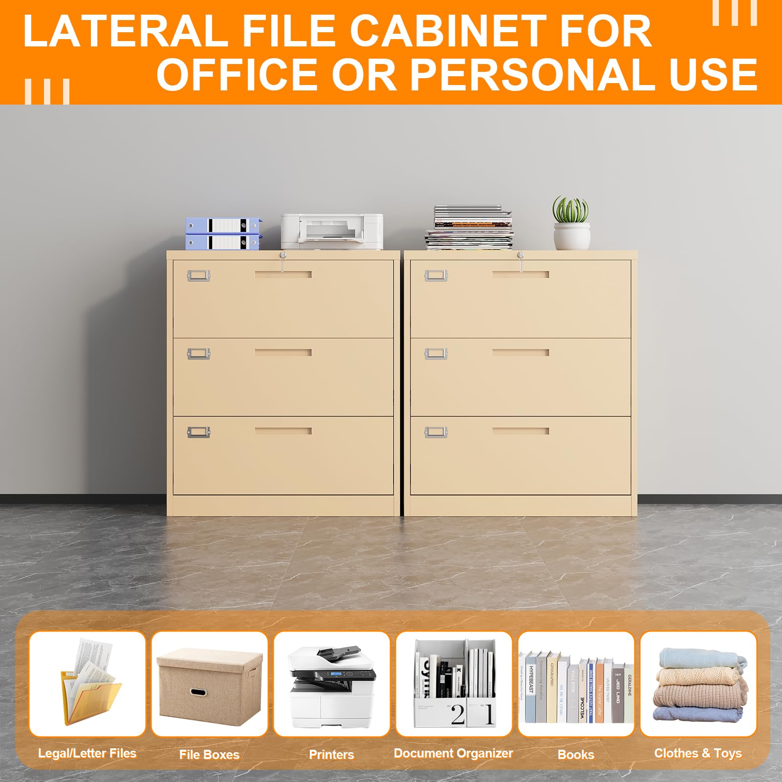 3-Drawer Lateral File Cabinet with Lock - Metal Filing Cabinet for Home & Office - Organize Letter, Legal, F4, A4 Hanging Files - Easy Assembly (Camel) - Perfect for Document Storage & Workspace Organization