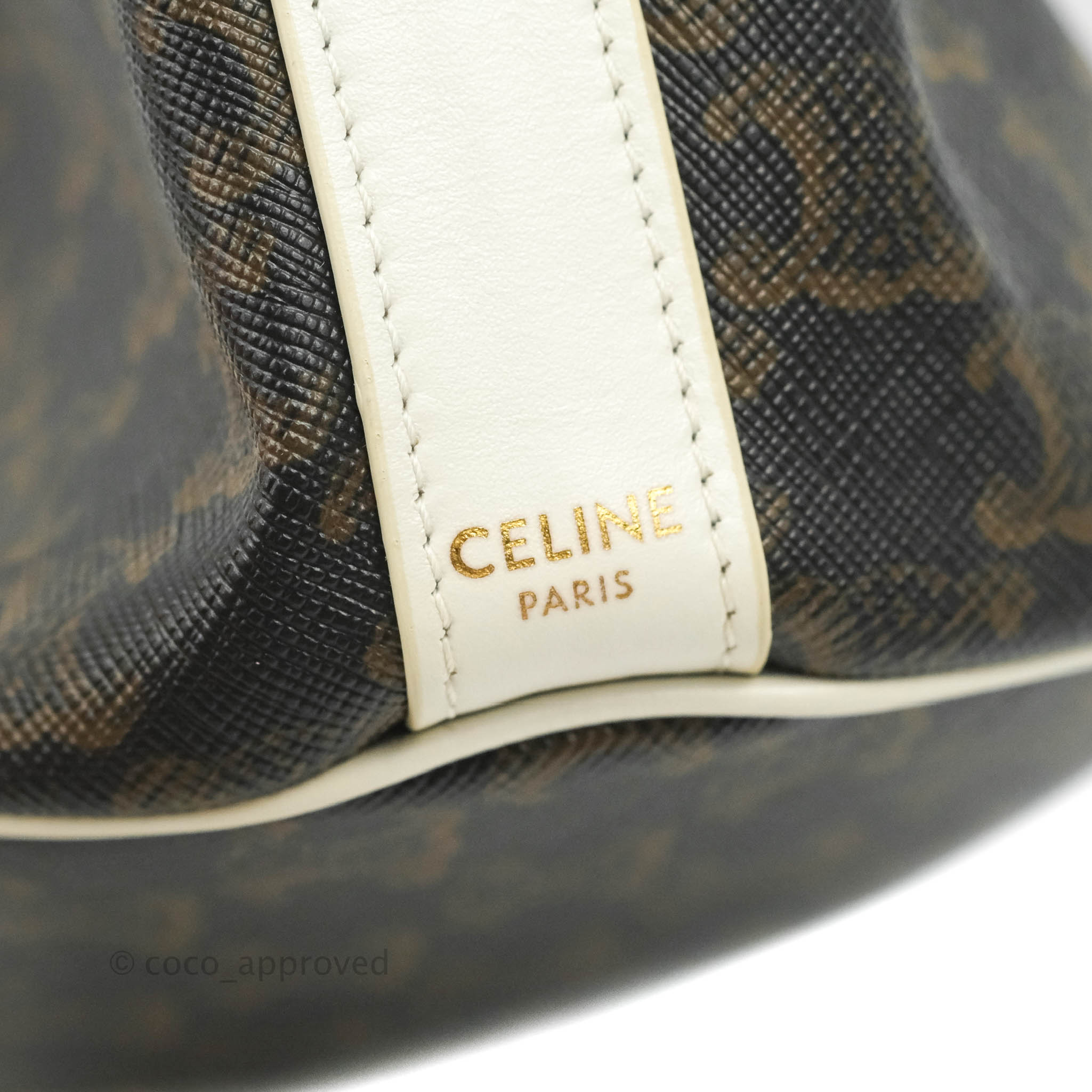 Celine Small Drawstring Bag Triomphe Canvas White Calfskin Leather Crossbody Purse for Women | Luxury Designer Handbag for Everyday Use & Special Occasions
