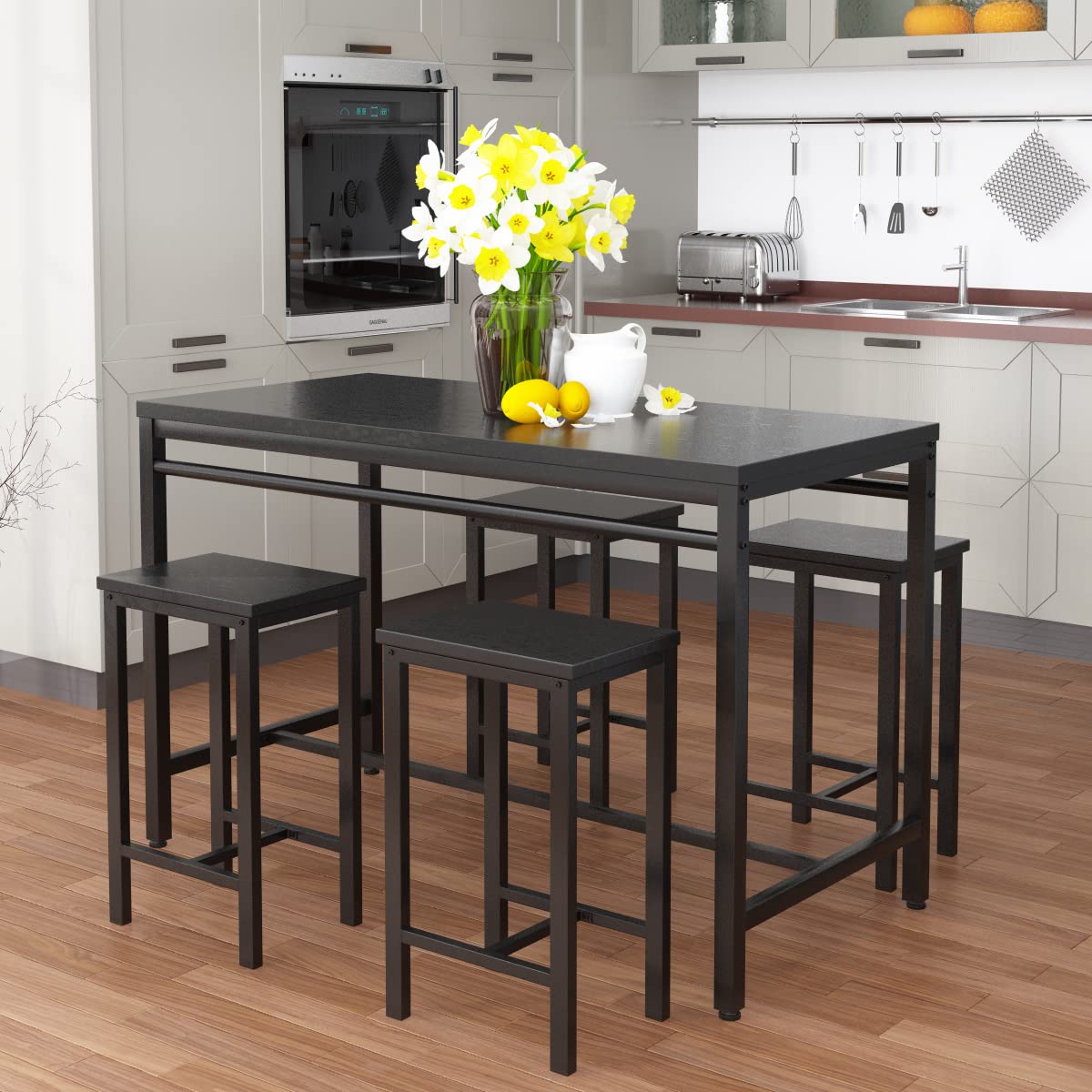 **AWQM 5-Piece Modern Bar Table Set - Counter Height Dining Table & 4 Wooden Bar Stools for Small Spaces, Apartments, Pubs & Dining Rooms - Perfect for Breakfast Nooks, Kitchen Islands & Entertaining (Black)**