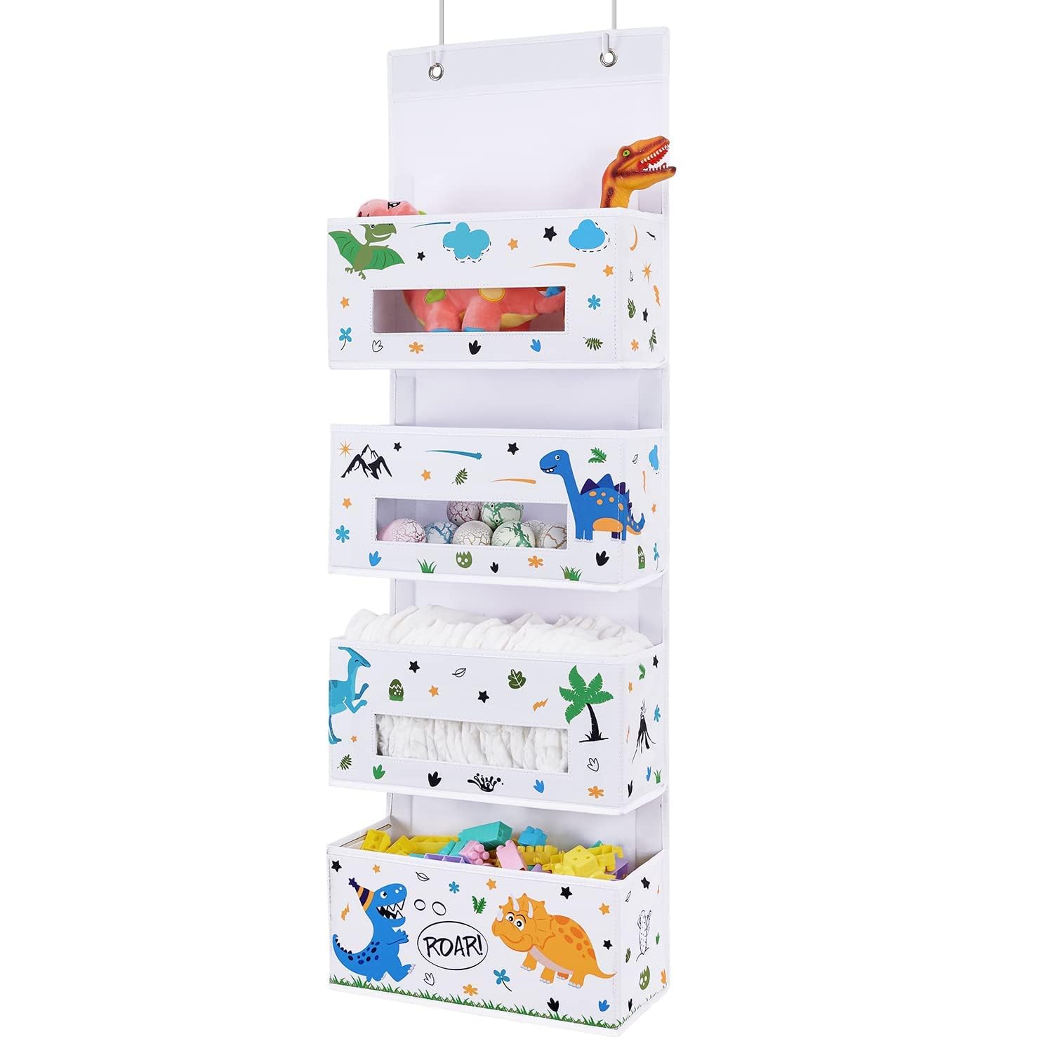 WERNNSAI Dinosaur Over The Door Hanging Organizer - 4 Clear Pockets Storage for Baby Room, Nursery, Closet & Pantry Organization | Perfect for Toys, Diapers, Bathroom Essentials & Home Decor