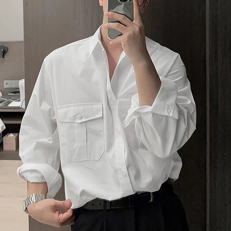 Men's Casual Long Sleeve Shirt - Big Pocket Design, Turn Down Collar, Single Breasted Solid Color Tops for Work & Everyday Wear | Style 9W1224