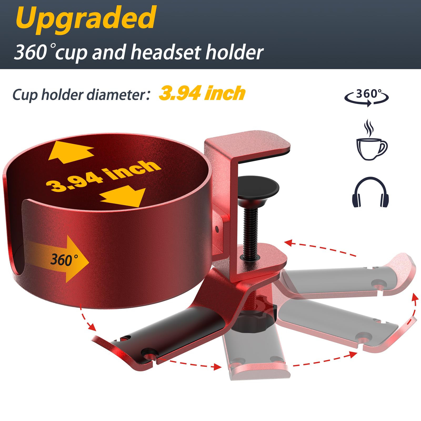 360° Rotating Under Desk Cup Holder & Headphone Hanger - Metal Clamp-on Organizer for Coffee Mugs, Water Bottles, Headsets & Pencils - Anti-Spill Gaming Desk Accessory (Red) - Perfect for Home Office, Gaming Setup & Workspace Organization