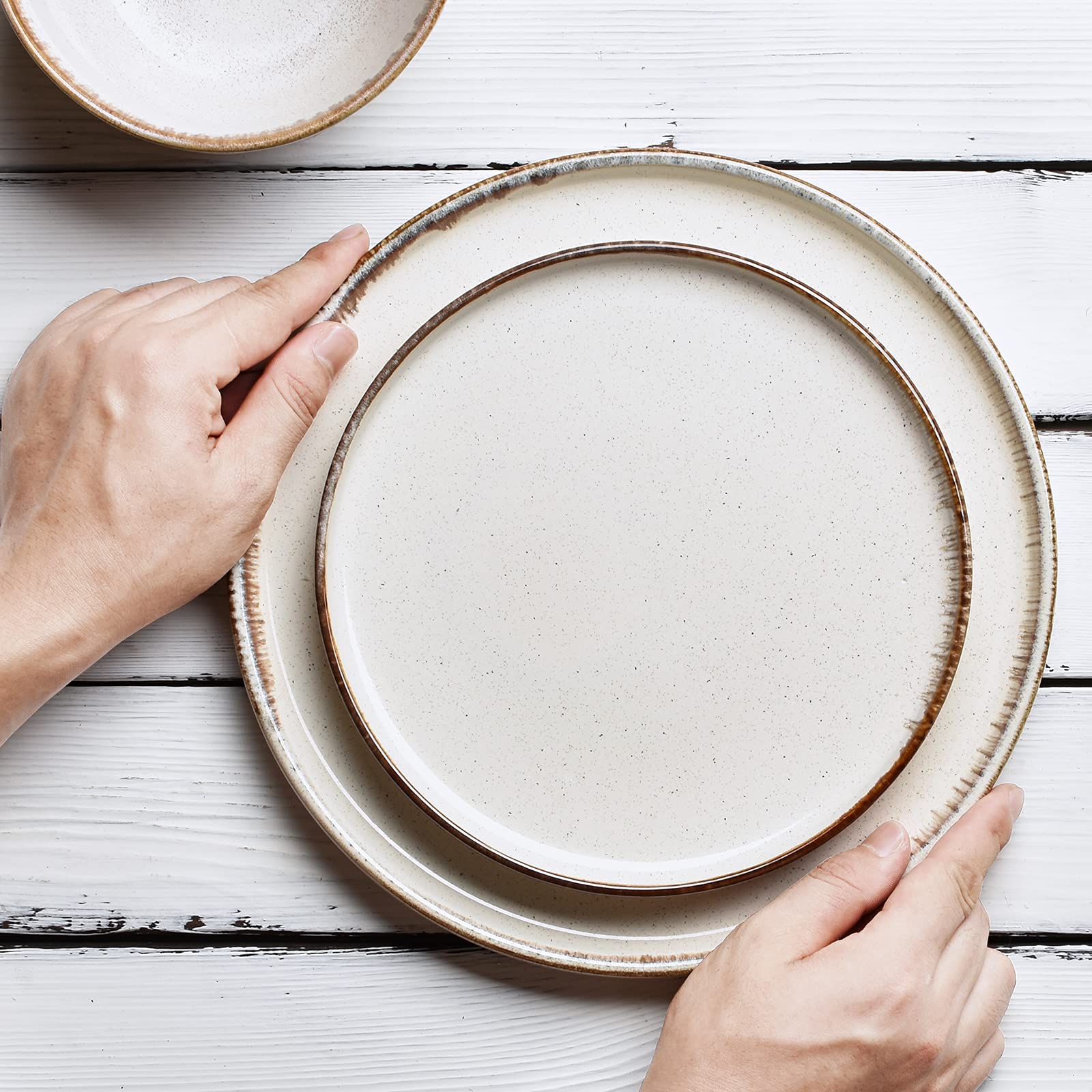 Bosmarlin 4-Piece Ceramic Dinner Plates Set - Stoneware Plates for Salad, Pasta, Dessert - Microwave & Dishwasher Safe - Beige 8.2 Inch - Perfect for Family Dinners, Parties & Restaurant Use