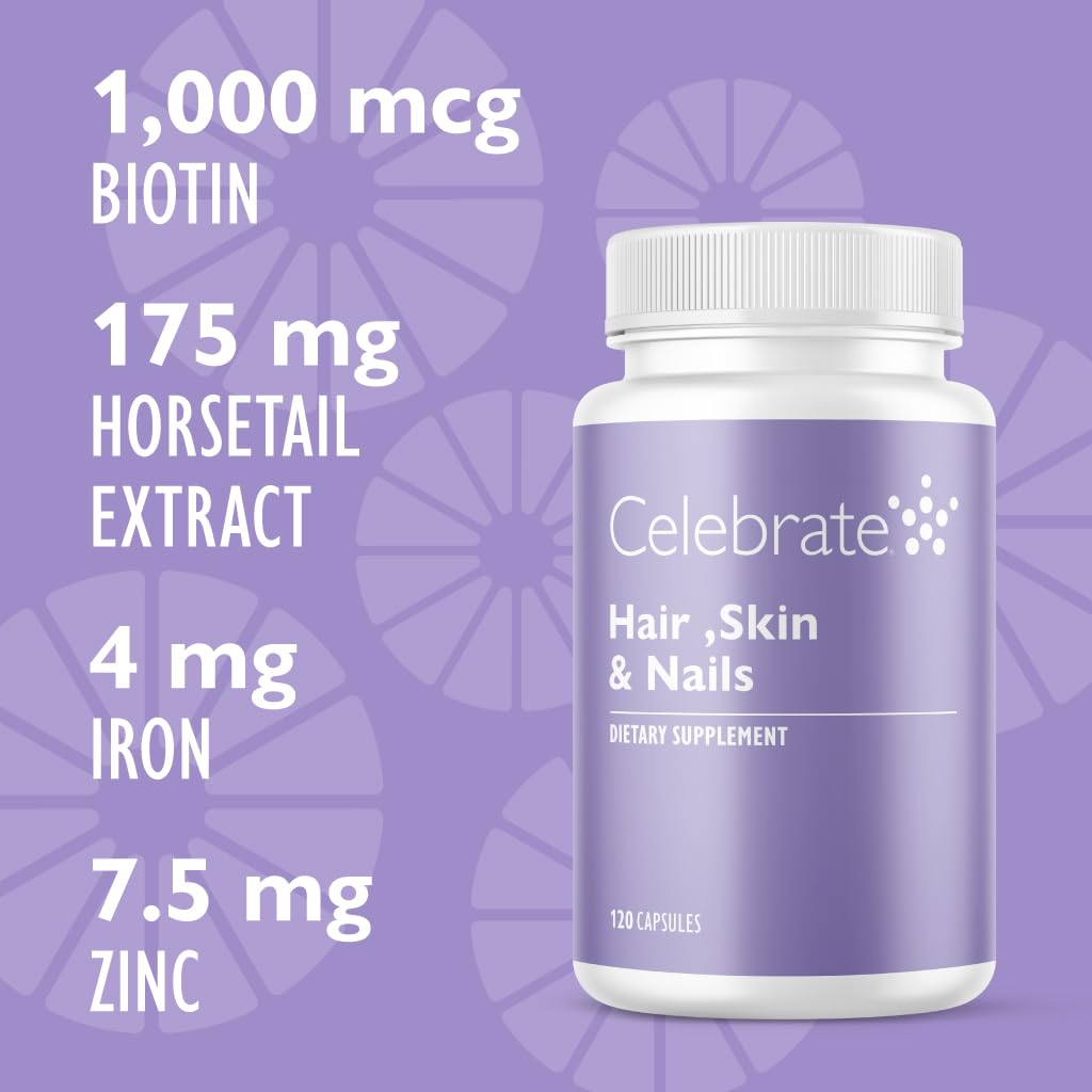 Celebrate Vitamins Hair, Skin & Nails Supplement - 120 Capsules for Healthy Hair Growth, Glowing Skin & Strong Nails | Beauty & Wellness Support for Women & Men