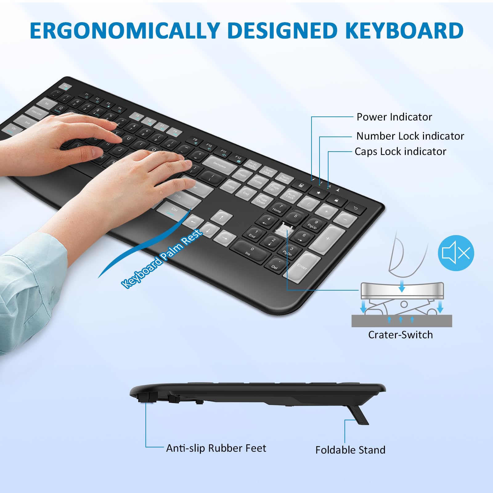 EDJO 2.4G Wireless Keyboard and Mouse Combo - Rechargeable Full-Size Ergonomic Keyboard with Wrist Rest & Adjustable DPI Mouse for Windows/Mac - Perfect for Office, Gaming & Home Use (Black Grey)