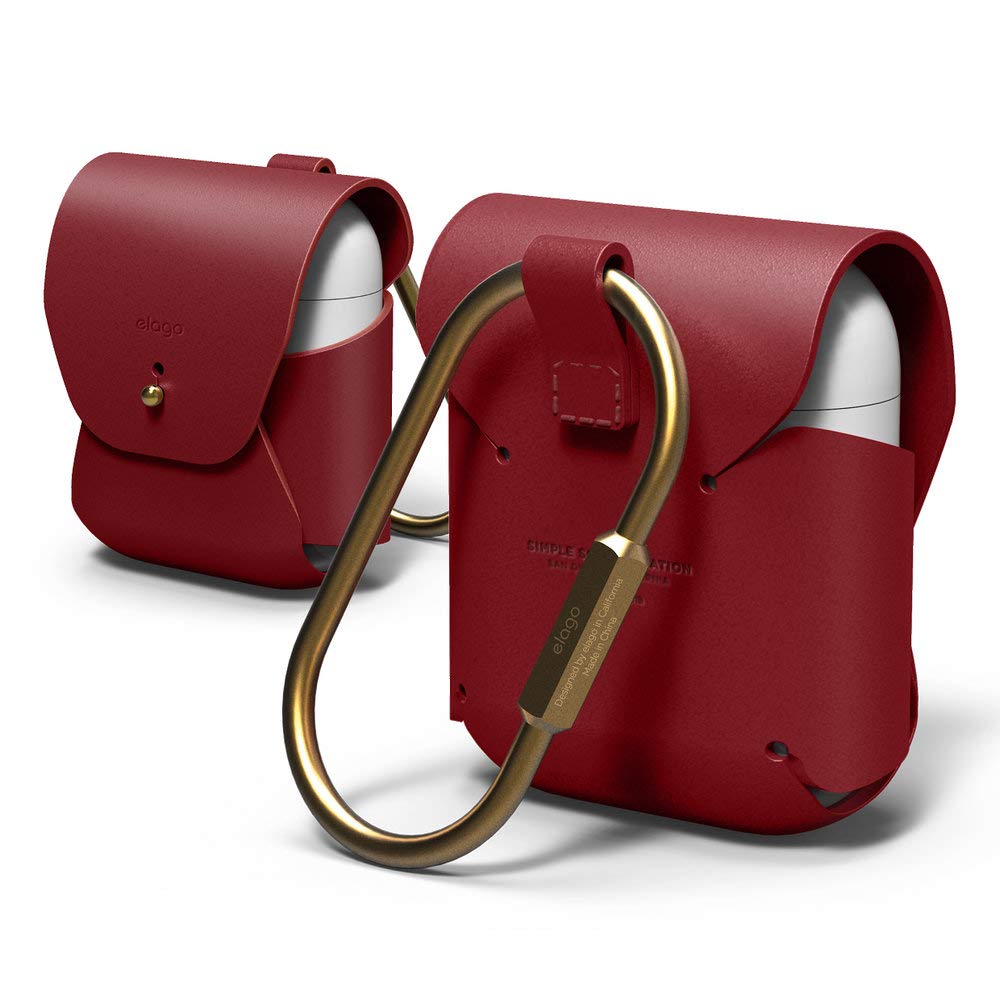 Premium Genuine Leather Case for AirPods 1 & 2 - Natural Cowhide Cover with Brass Ring Holder | Wireless Charging Compatible | Perfect for Travel, Work & Daily Use [Red]