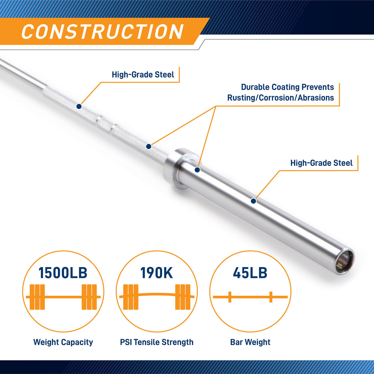 Chrome 45lb Olympic Barbell - SteelBody STB 1707CC Weightlifting Bar for CrossFit, Powerlifting & Home Gym Training