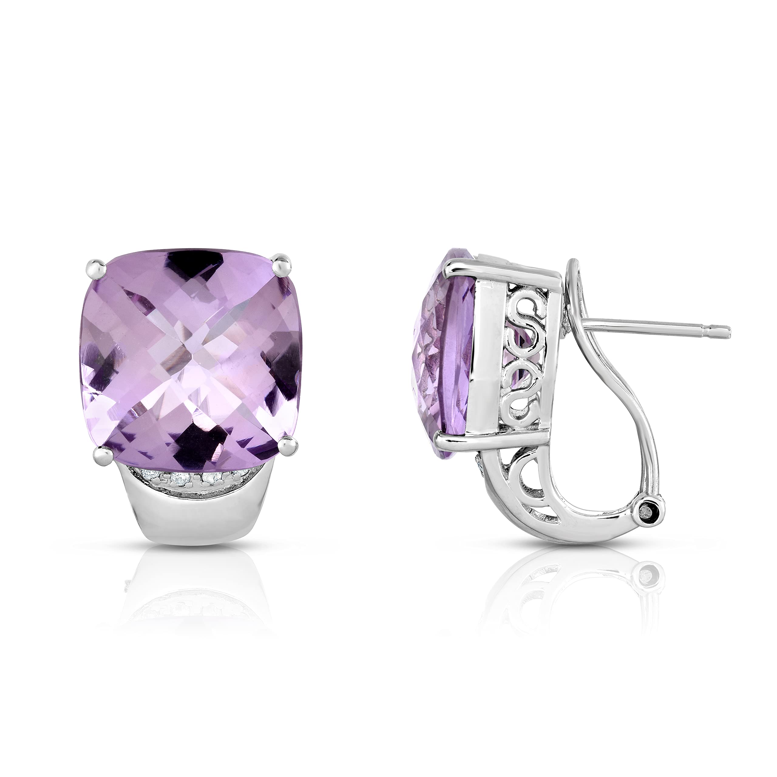 925 Sterling Silver 14mm Genuine Amethyst Stud Earrings with Diamond Accents - Cushion Cut Purple Gemstone Jewelry for Women - Perfect for Weddings, Parties & Everyday Elegance