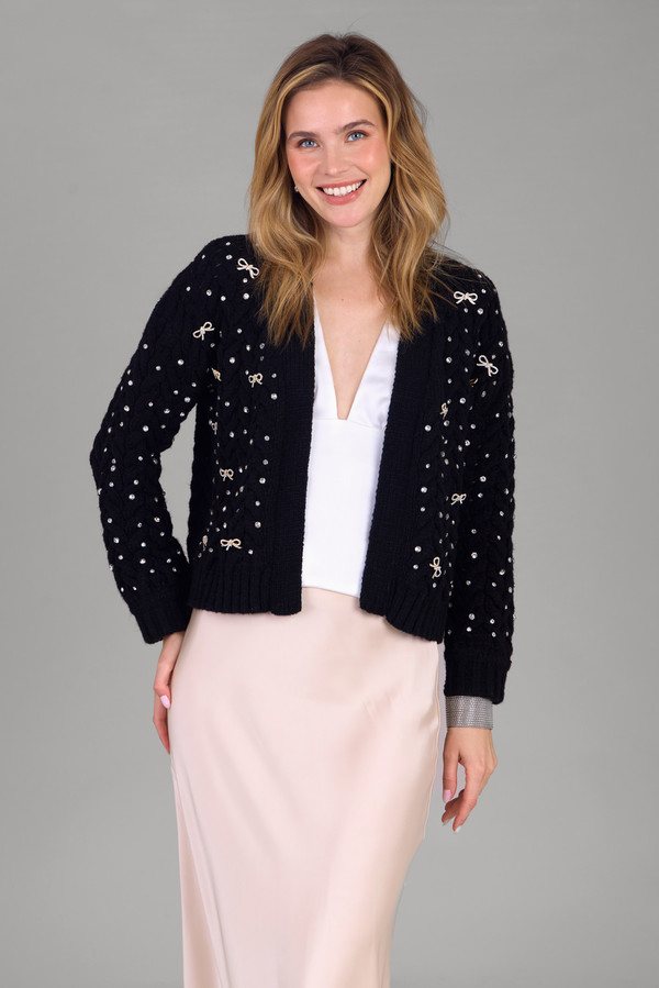 Elegant Bow Jeweled Cardigan for Women - Stylish Knit Sweater with Rhinestone Decorations - Perfect for Parties, Weddings & Evening Events