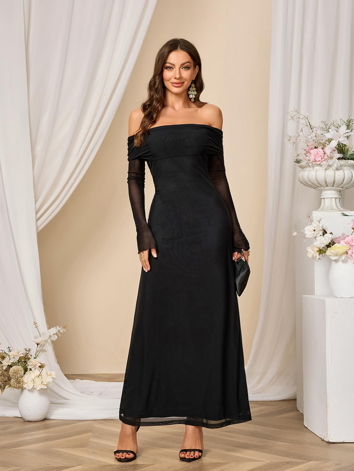Colysmo Women's Long Sleeve Mesh Off Shoulder Bodycon Maxi Dress - Elegant Formal Wedding Guest & Party Gown for Evening Events, Prom, Cocktail Dinners
