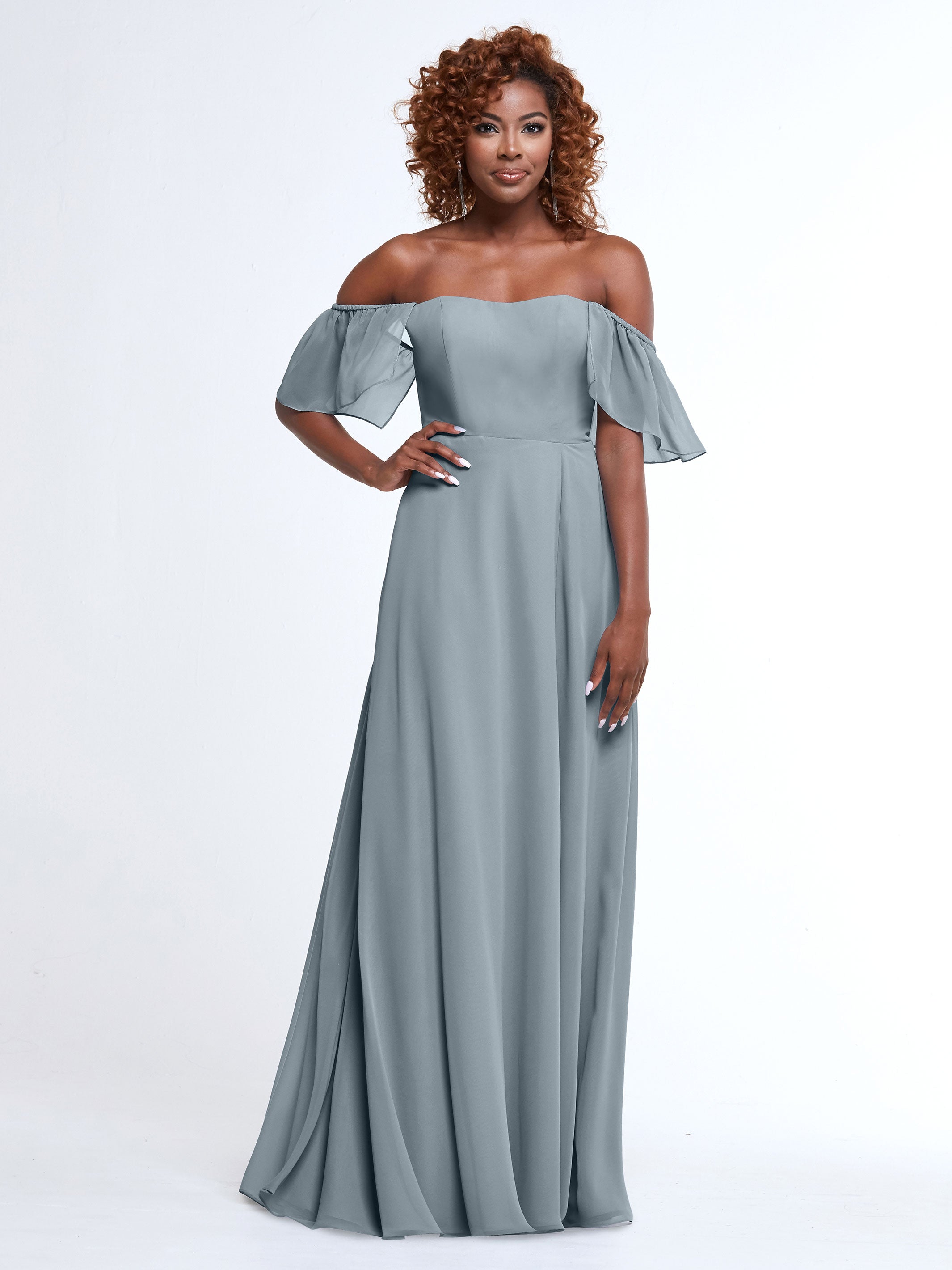 Elegant A-Line Off-The-Shoulder Chiffon Bridesmaid Dress with Pockets - Perfect for Weddings, Formal Events & Special Occasions