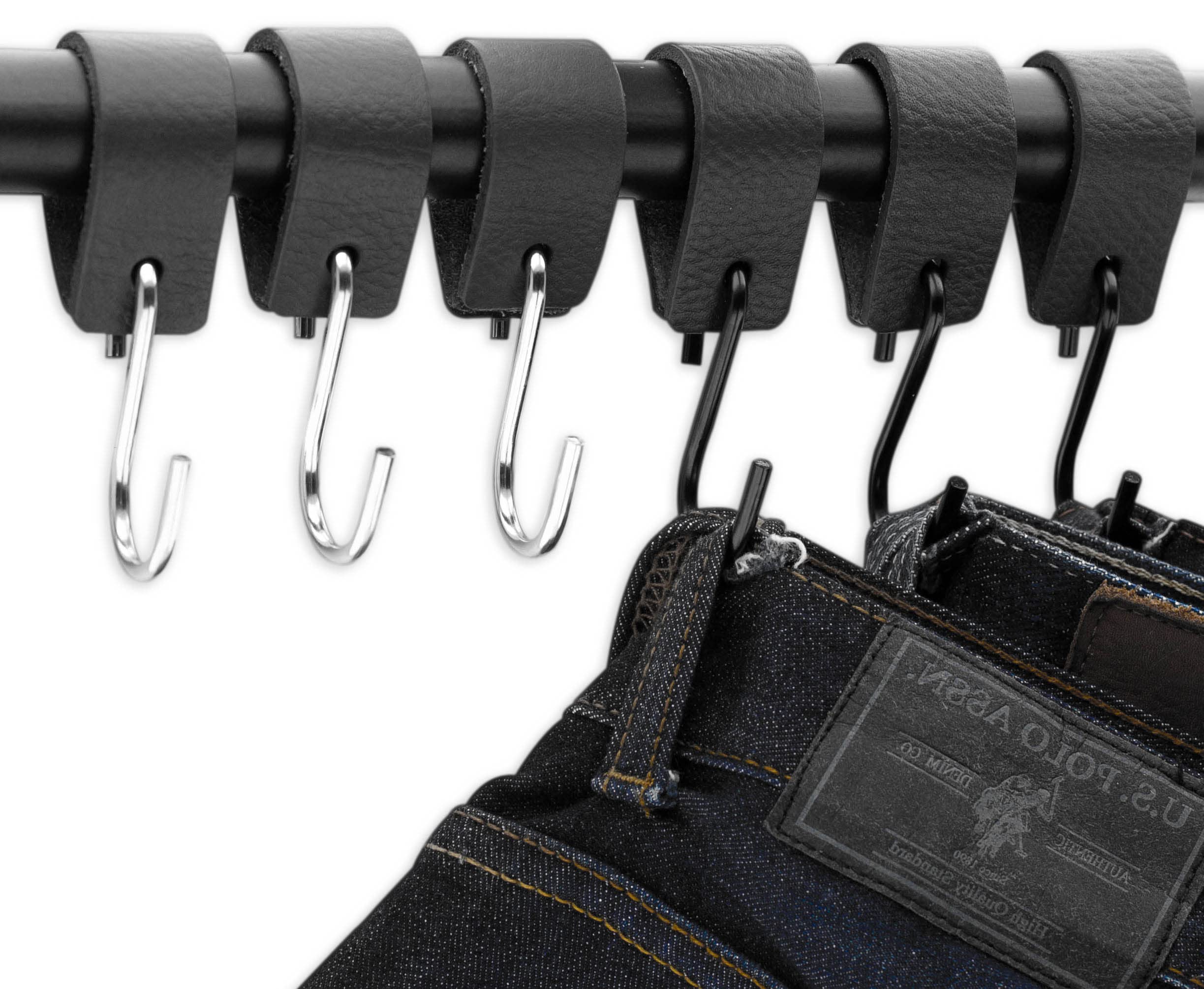 Brute Strength Multifunctional Leather S-Hooks (6-Pack) - Heavy Duty Anthracite Black Coat & Kitchen Hooks for Hanging Coats, Bags, Towels & Utensils - Durable S-Shaped Leather Hooks for Home & Office Organization