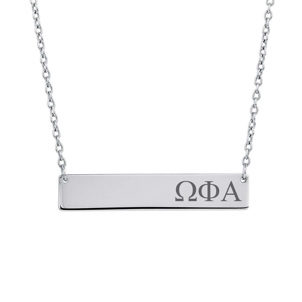 Omega Phi Alpha Sorority Bar Necklace - Stainless Steel Greek Letter Lavalier Pendant for Sorority Sisters | Perfect for Initiation, Sisterhood Events & Graduation Gifts