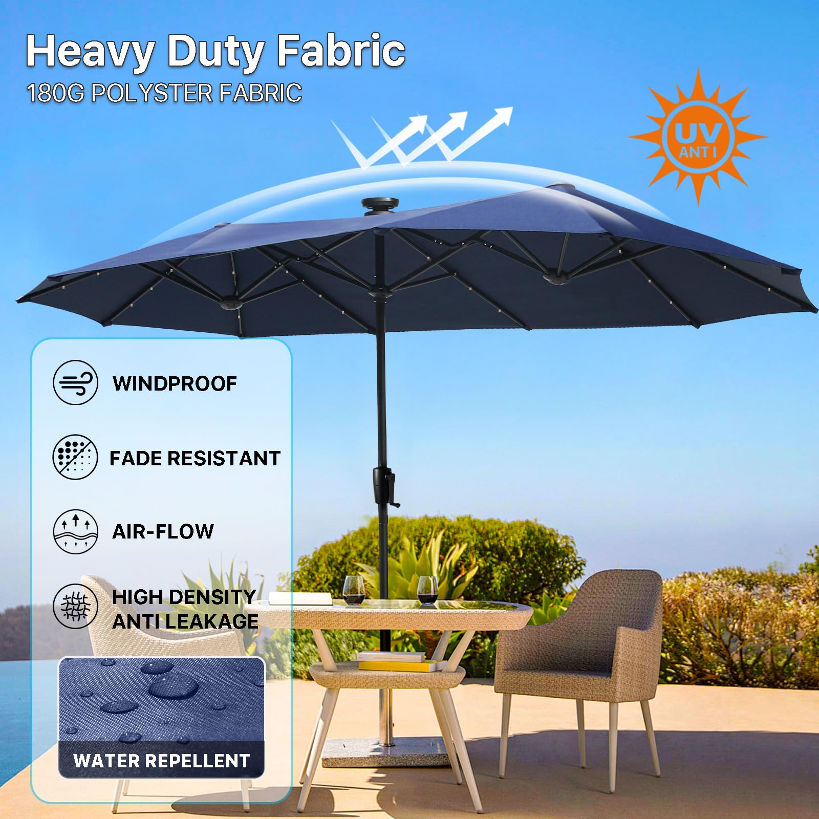 FREE SOLDIER 13ft Solar LED Patio Umbrella with 36 Lights - Double Sided Outdoor Table Umbrella for Garden, Yard, Pool - Navy Blue | Perfect for Backyard BBQs, Beach Parties & Outdoor Dining