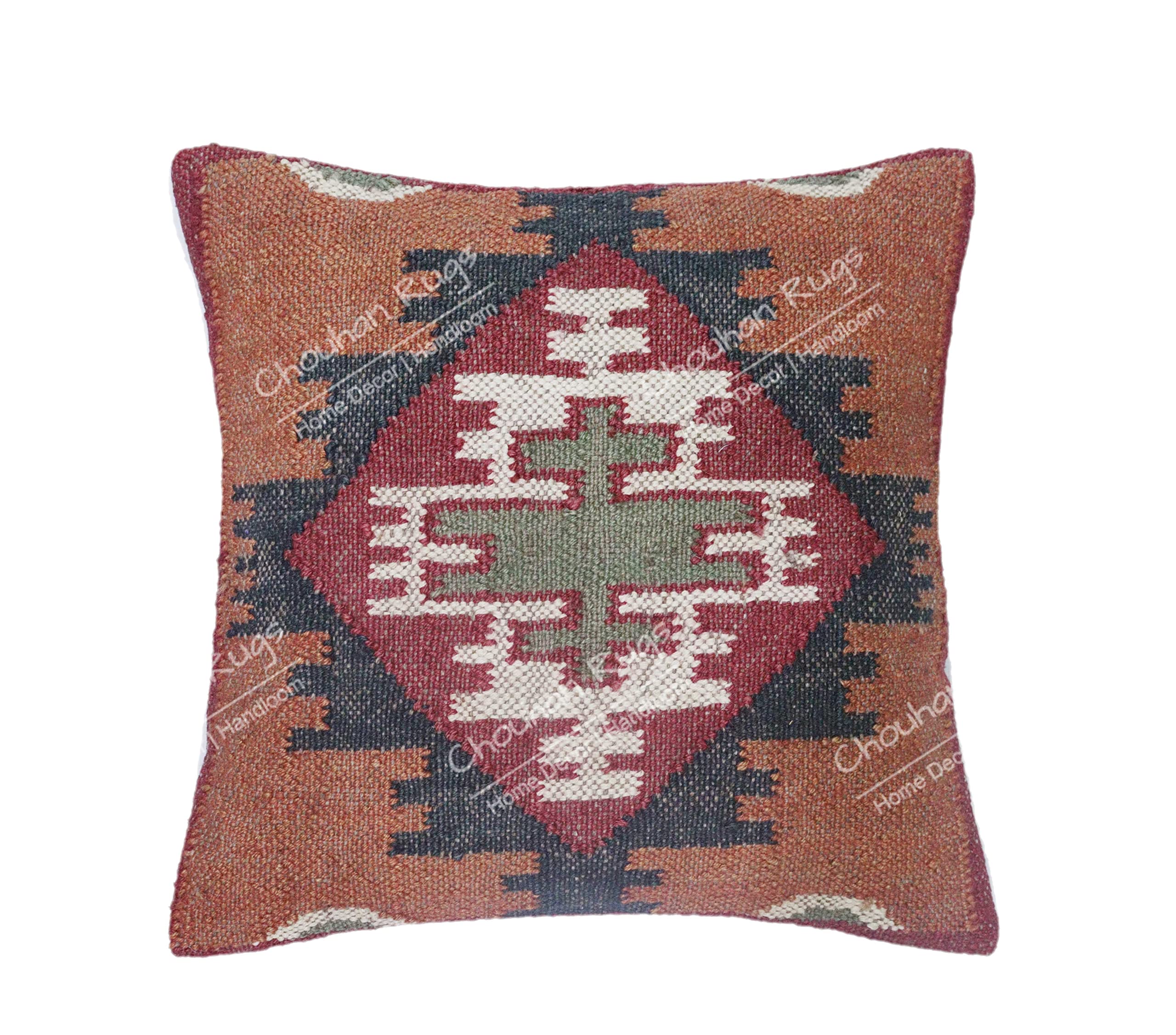 Set of 5 Handmade Jute Pillow Covers 18x18 Inch - Bohemian Kilim Square Cushion Cases for Sofa, Bed & Home Decor - Perfect for Christmas, Living Room & Boho Style Interior Design