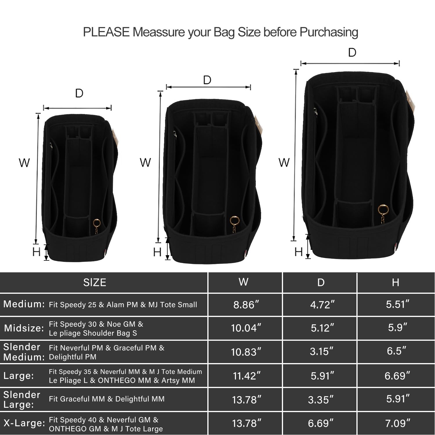 Premium Felt Purse Organizer Insert with Zipper & Sewn Bottom - Perfect Fit for Louis Vuitton Speedy, Neverfull, Graceful (6 Size Options) - Ideal for Travel, Work & Daily Organization