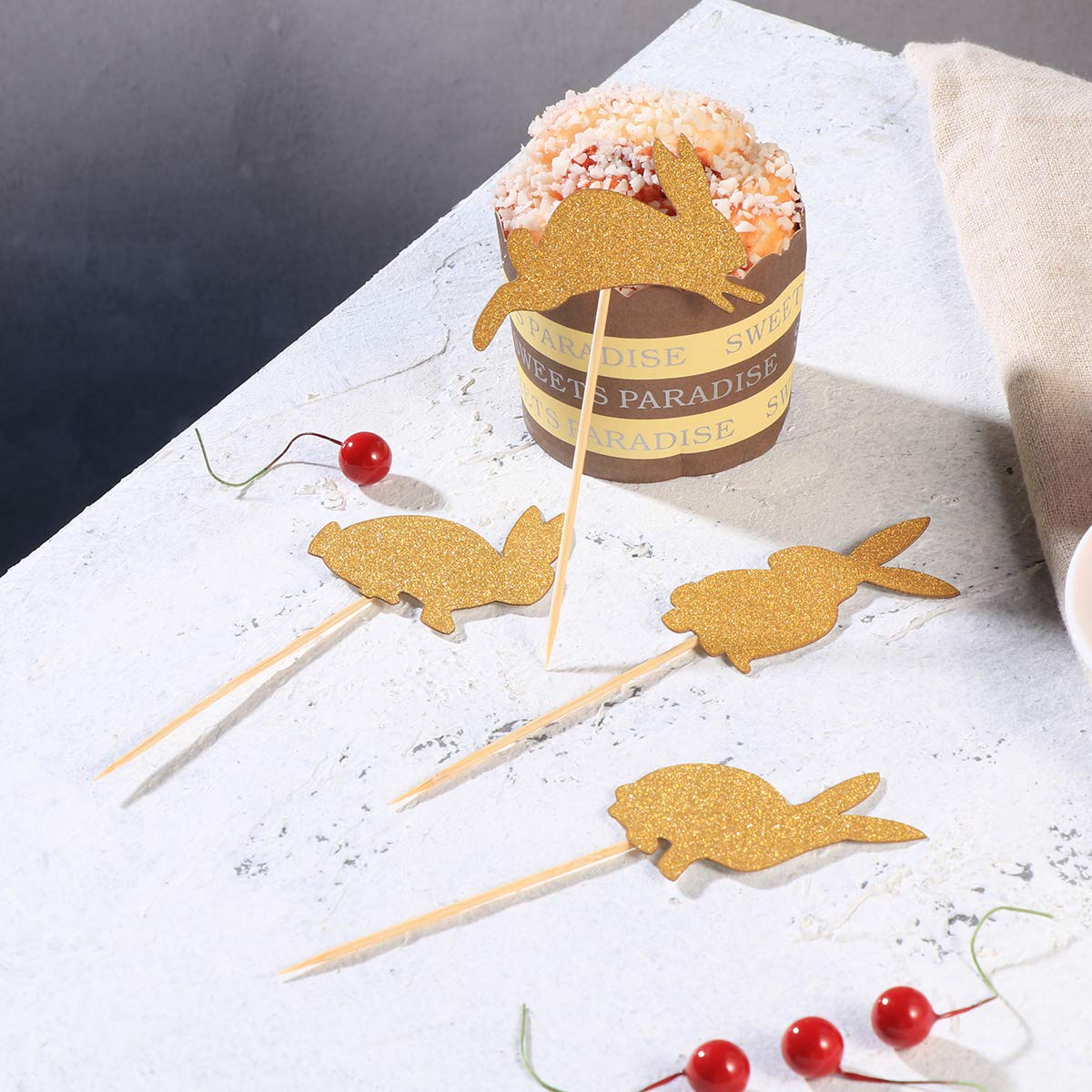 24 Pcs Gold Glitter Easter Bunny Cake Toppers - Rabbit Cake Picks for Cupcake Decorations, Easter Day & Birthday Party Supplies (Perfect for DIY Desserts, Holiday Baking, and Festive Celebrations)