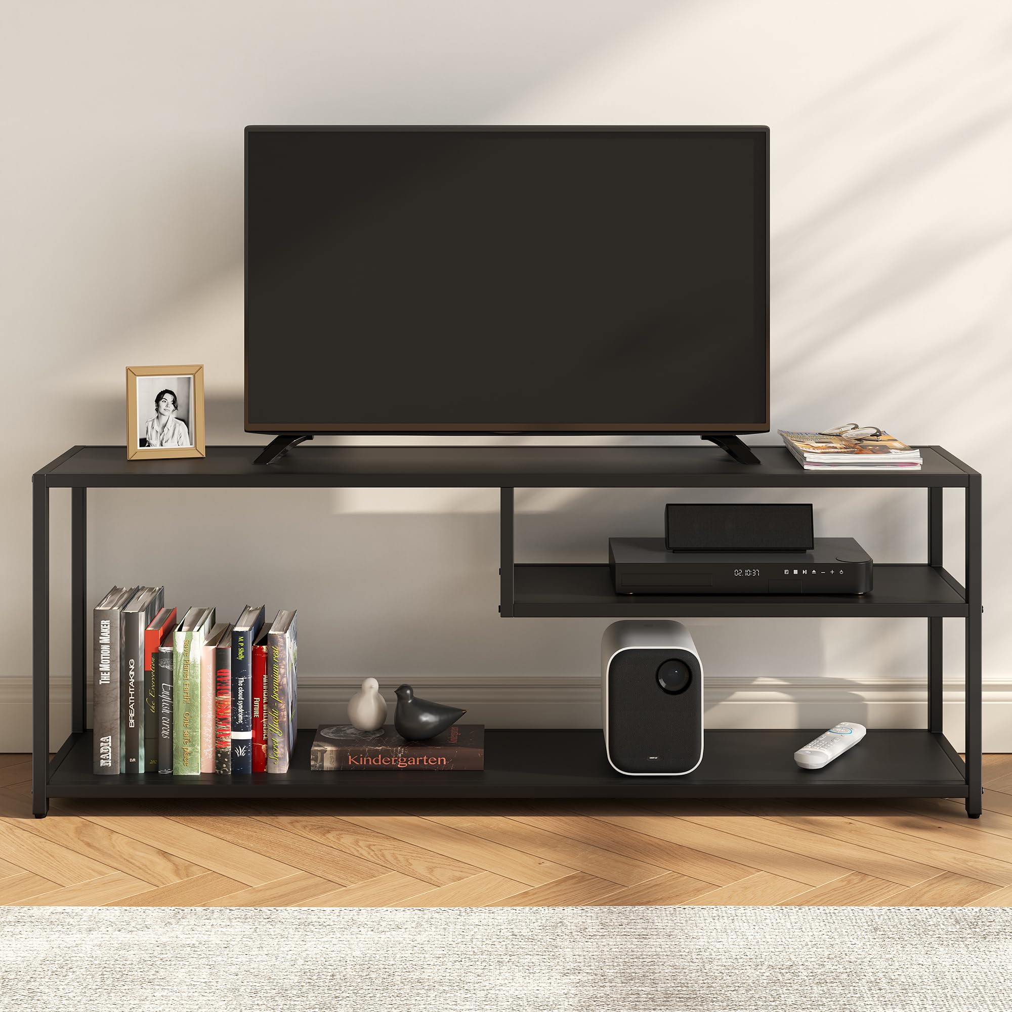 Modern TV Stand for 65 Inch TVs - Sturdy Entertainment Center with Storage Shelves & Metal Frame - TV Console Table for Living Room, Bedroom (Black) - Perfect for Home Theater Setup and Space Saving Storage