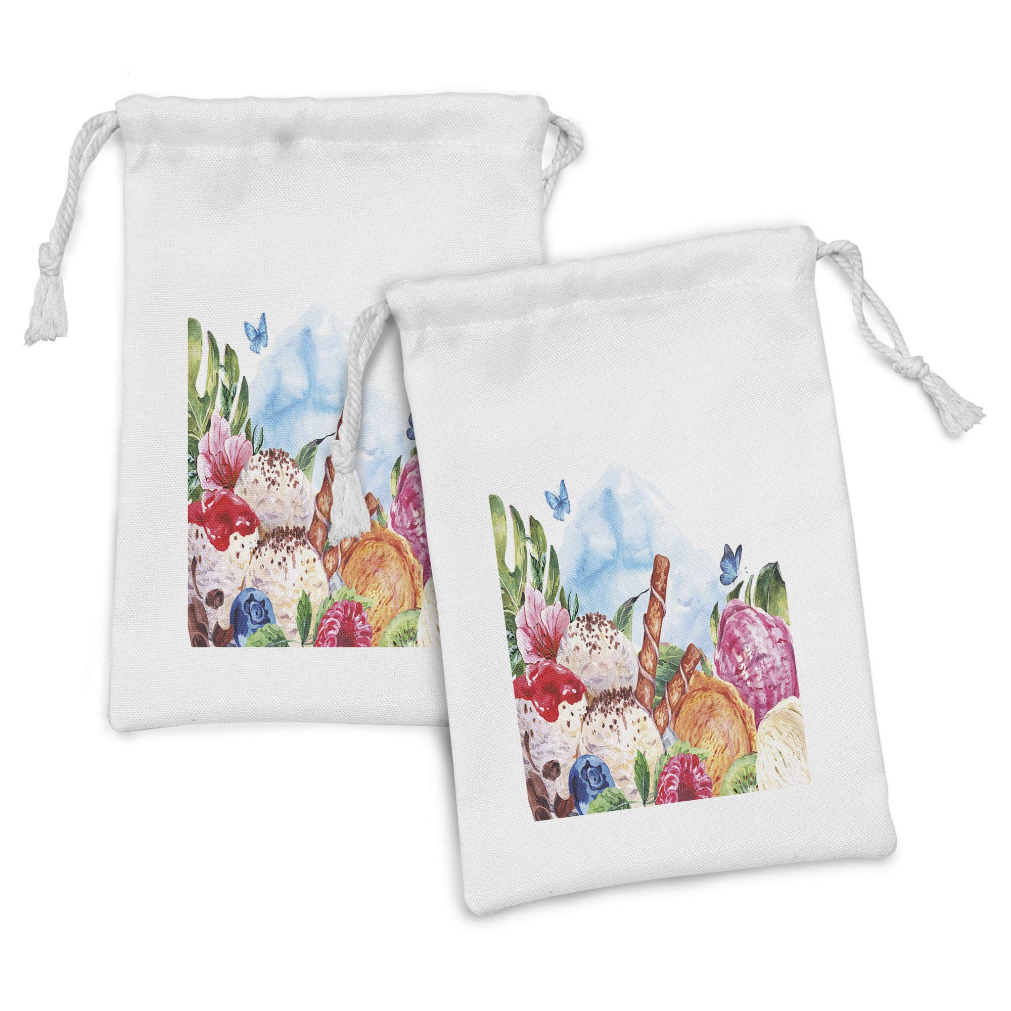 Ambesonne Tropical Fabric Pouch Set of 2 - Floral Butterfly Print with Ice Cream & Chocolate Dessert Design, Small Drawstring Bags for Toiletries, Makeup, Travel Accessories & Party Favors (9