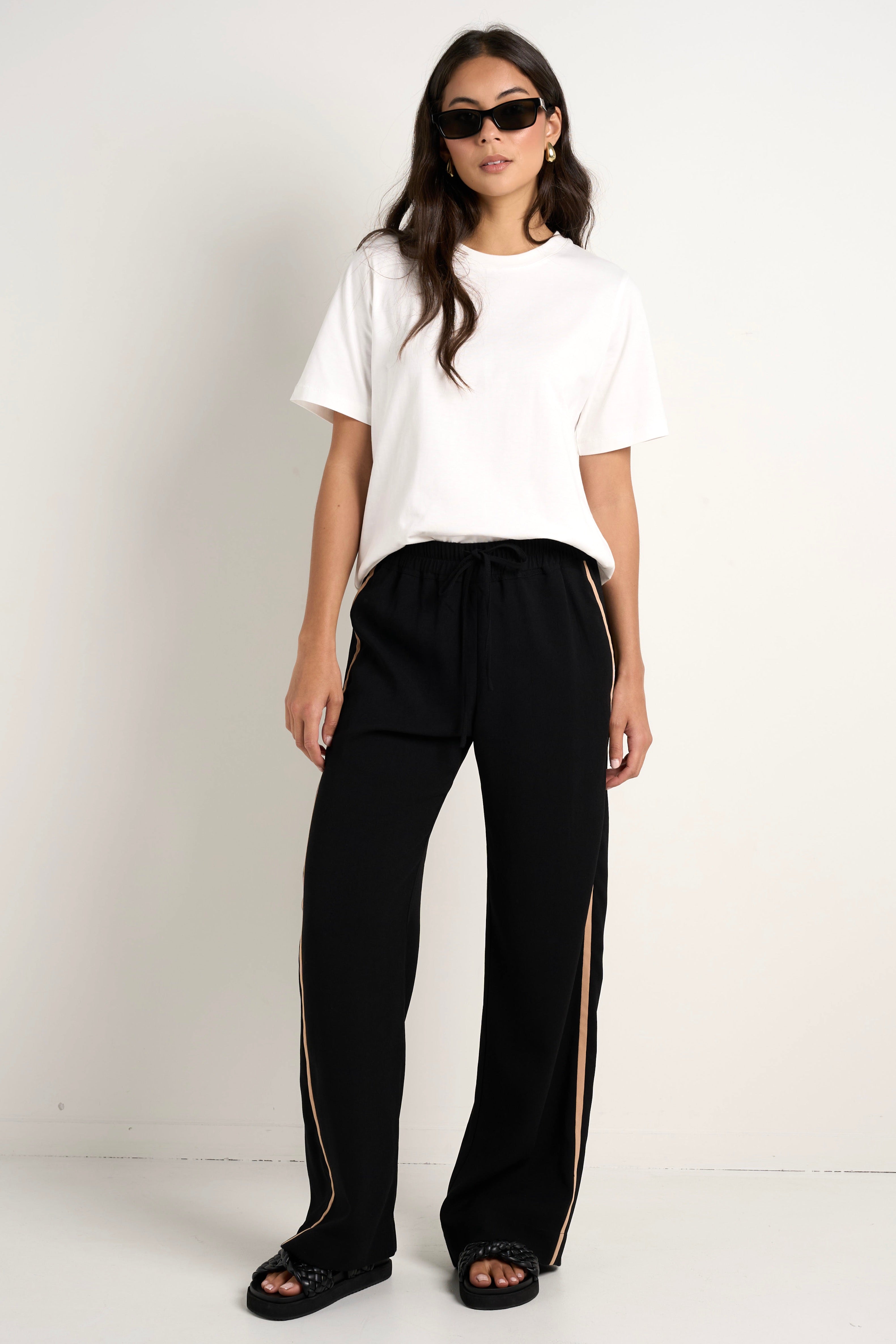 Confidant Black Side Stripe Crepe Wide Leg Pants for Women - Comfortable Office Work Pants & Casual Lounge Wear