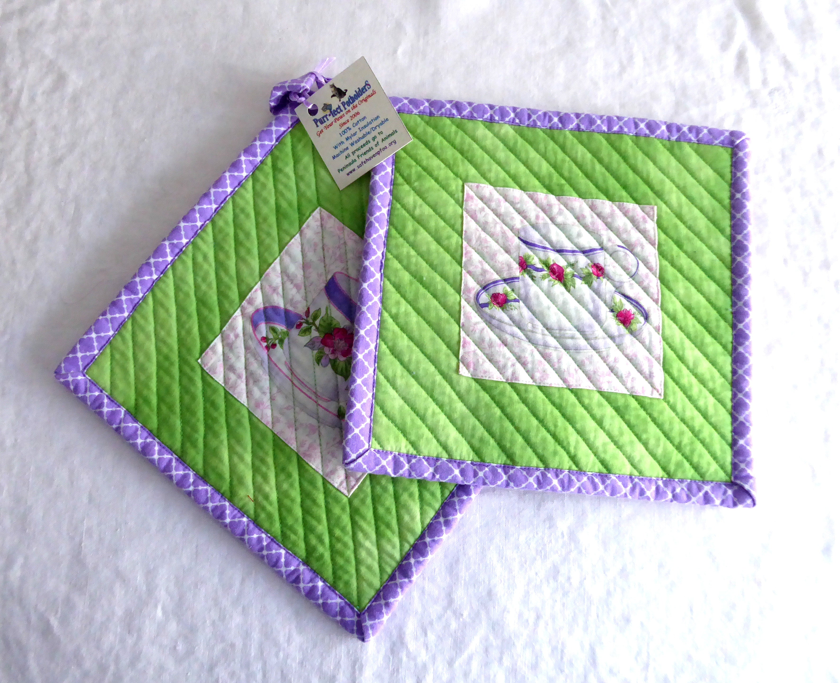 Handmade Purple and Green Teacup Themed Potholders Set of 2 - Heat Resistant Kitchen Accessories for Baking, Cooking & Home Decor - Supports Animal Charity
