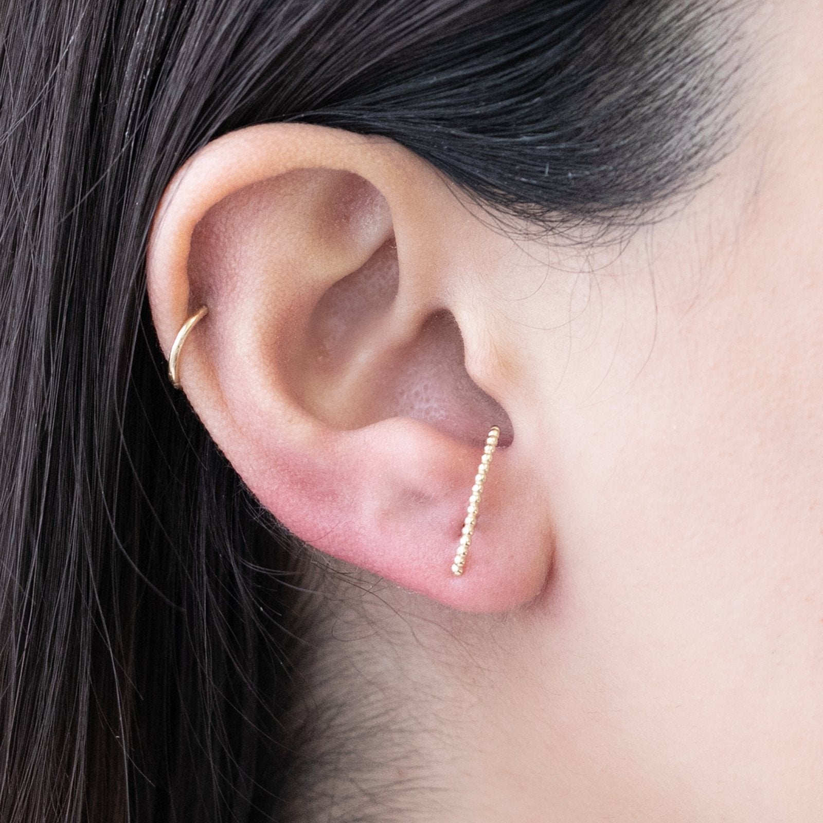 14K Yellow Gold Beaded Ear Climber Stud - Elegant Dangle Earrings for Women, Perfect for Weddings, Parties & Special Occasions