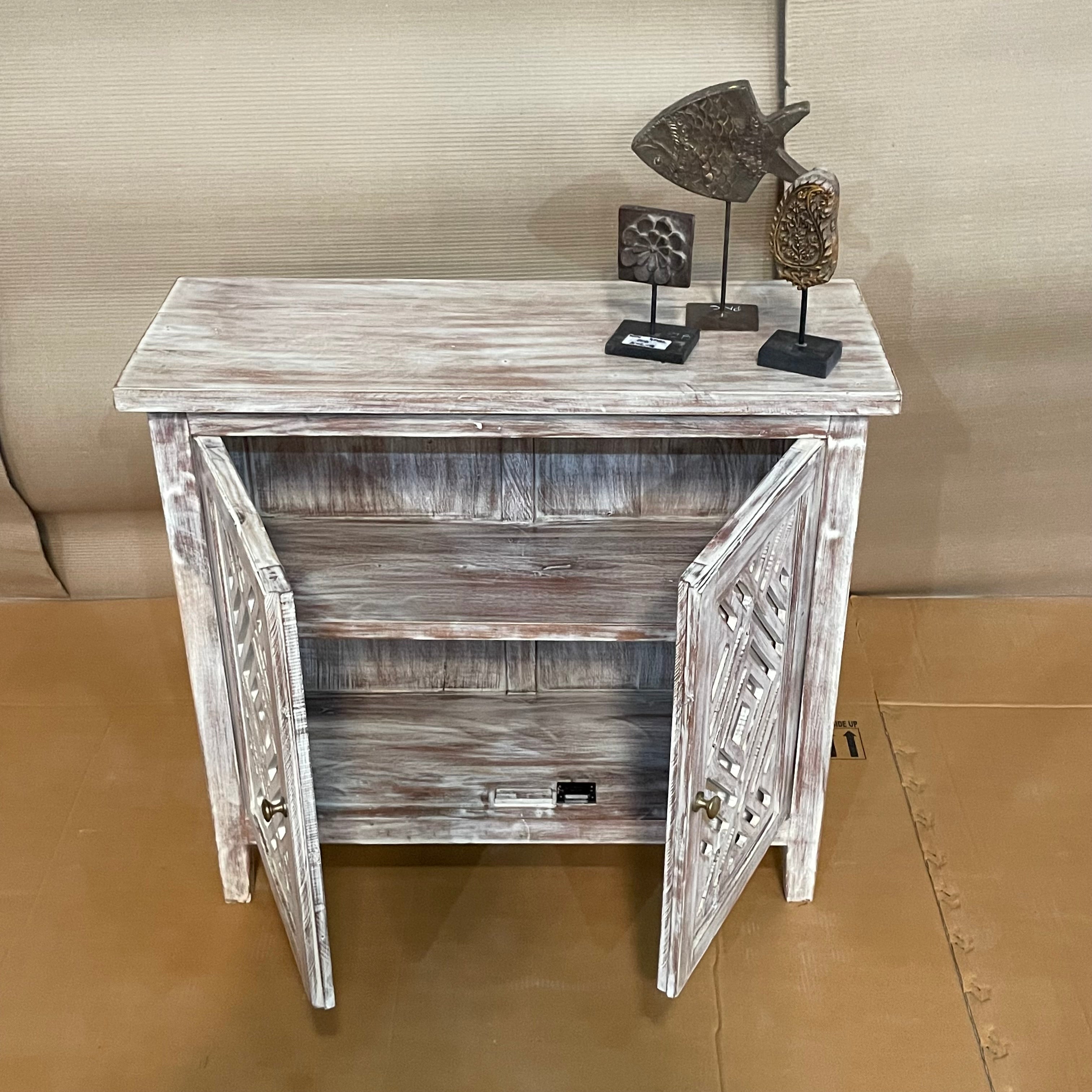 Handcrafted Indian Solid Hardwood Cabinet with 2 Mirror Doors - Traditional Carved Wooden Storage for Living Room, Bedroom & Entryway