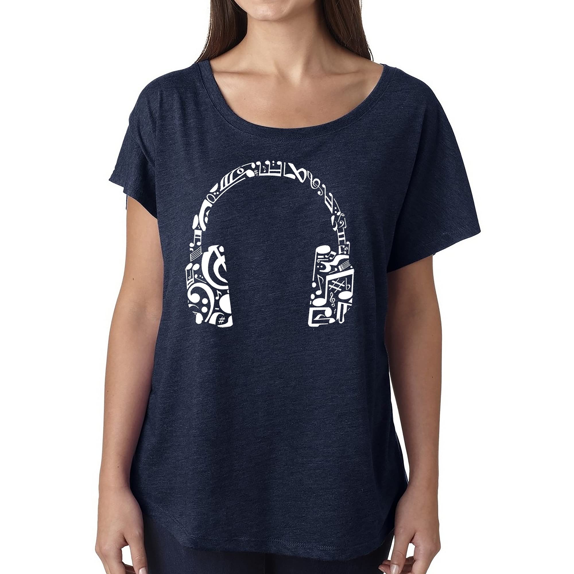 LA POP ART Women's Dolman Cut Word Art T-Shirt with Music Note & Headphones Design - Casual Graphic Tee for Concerts, Music Festivals & Streetwear
