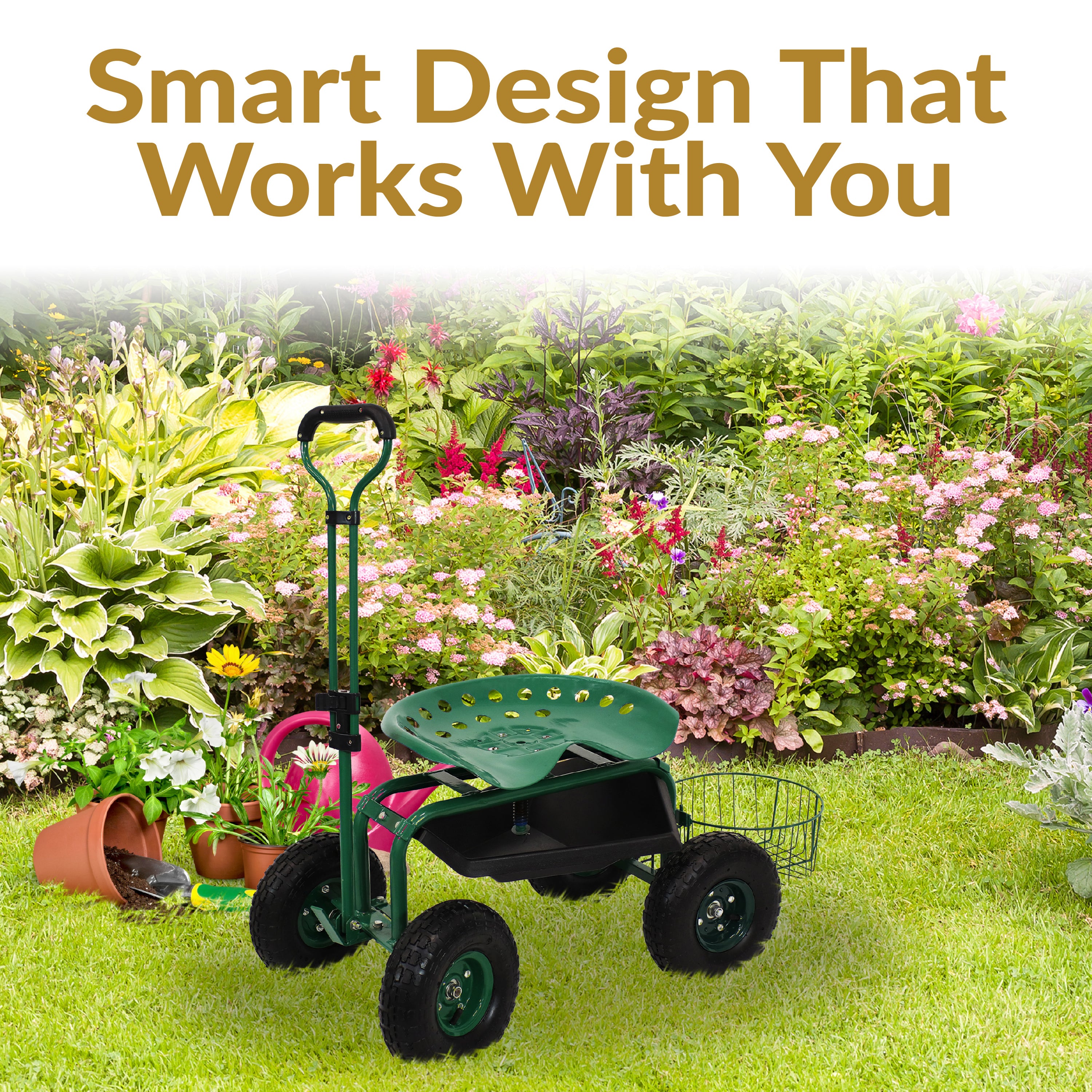 Sunnydaze Rolling Garden Cart with Swivel Seat, Handle & Basket - Heavy Duty Outdoor Utility Wagon for Gardening, Landscaping & Yard Work