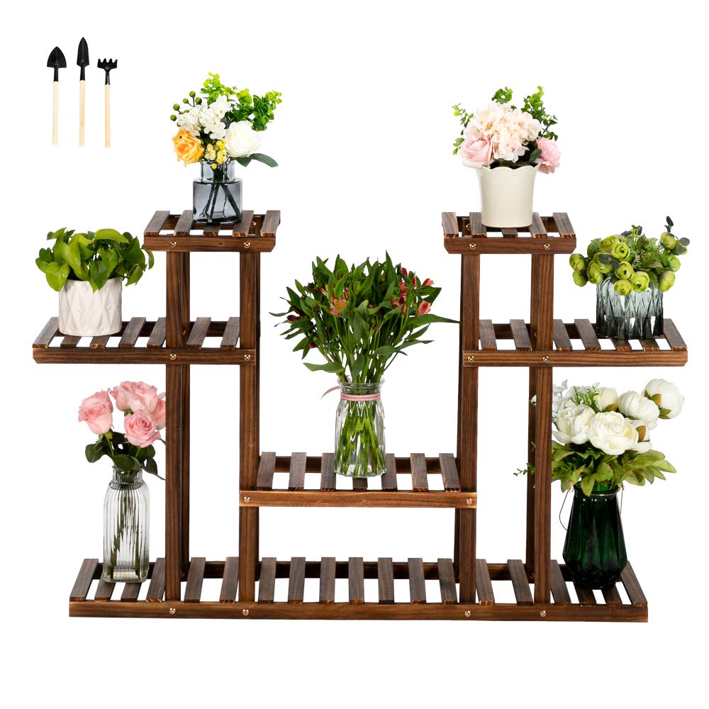 Premium 4-Tier 12-Seat Carbonized Wood Plant Stand for Indoor & Outdoor Use - Multi-Functional Shelf for Plants, Books & Decor - Perfect for Patio, Garden, Living Room & Balcony