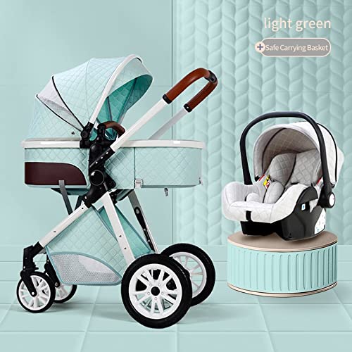 Premium 3-in-1 Folding Baby Stroller - Light Green Luxury Leather Travel Pram with Adjustable Seat & Sun Canopy | Perfect for Newborns, Shopping, Air Travel & Outdoor Walks