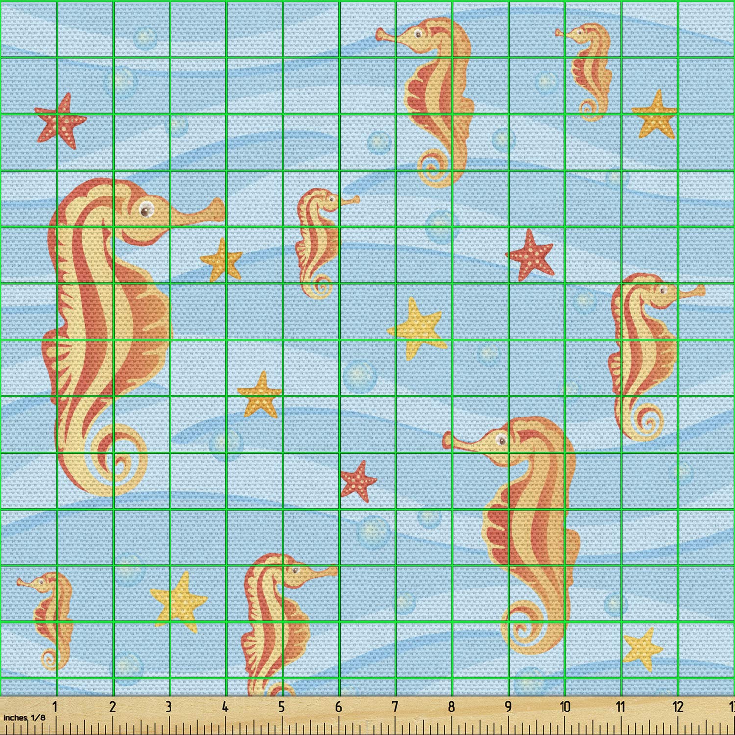 Ambesonne Animal Print Fabric by The Yard - Water Bubbles with Seahorse & Starfish in Tropical Waves, Decorative Upholstery Fabric for Sofa, Curtains & Home Decor (5 Yards, Orange Blue) - Perfect for Coastal Themed Bedrooms, Beach House Decor & DIY Craft Projects