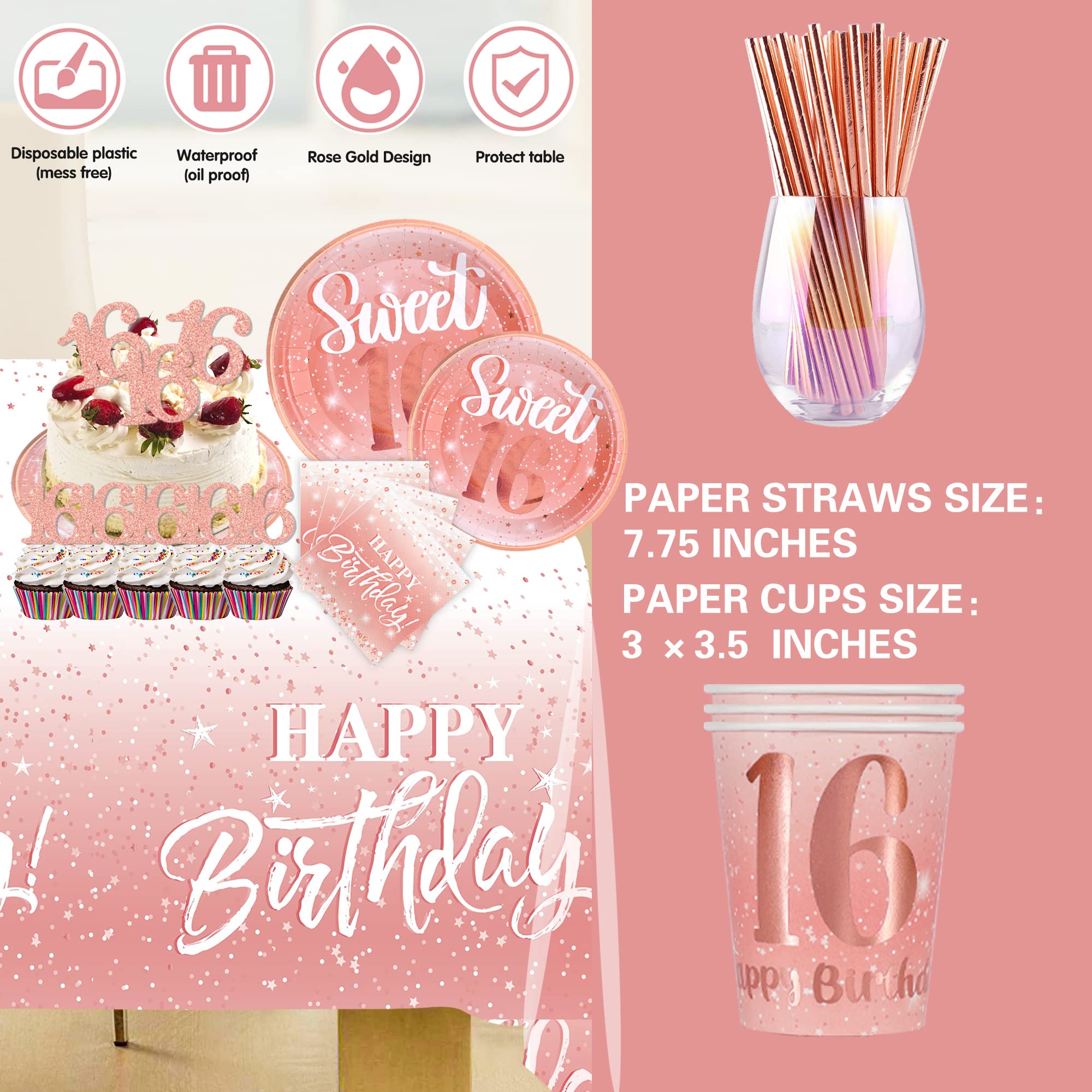 Sweet 16 Birthday Party Decorations for Girls - Rose Gold Banner, Happy Birthday Balloons & Party Supplies | 16th Birthday Celebration Decor for Teens, Quinceañera, Milestone Parties
