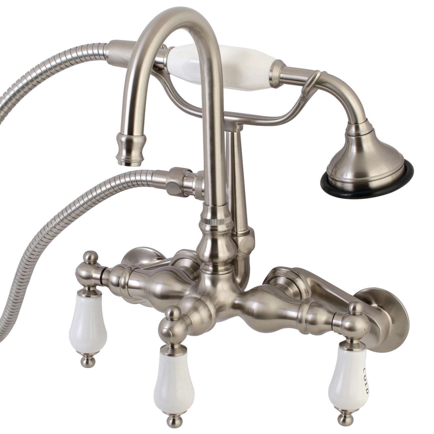 Vintage Clawfoot Tub Faucet with Hand Shower - 3 Handle Wall Mount 2 Hole Brushed Nickel Bathroom Fixture for Classic & Modern Bathrooms | Perfect for Spa, Soaking & Shower Experience
